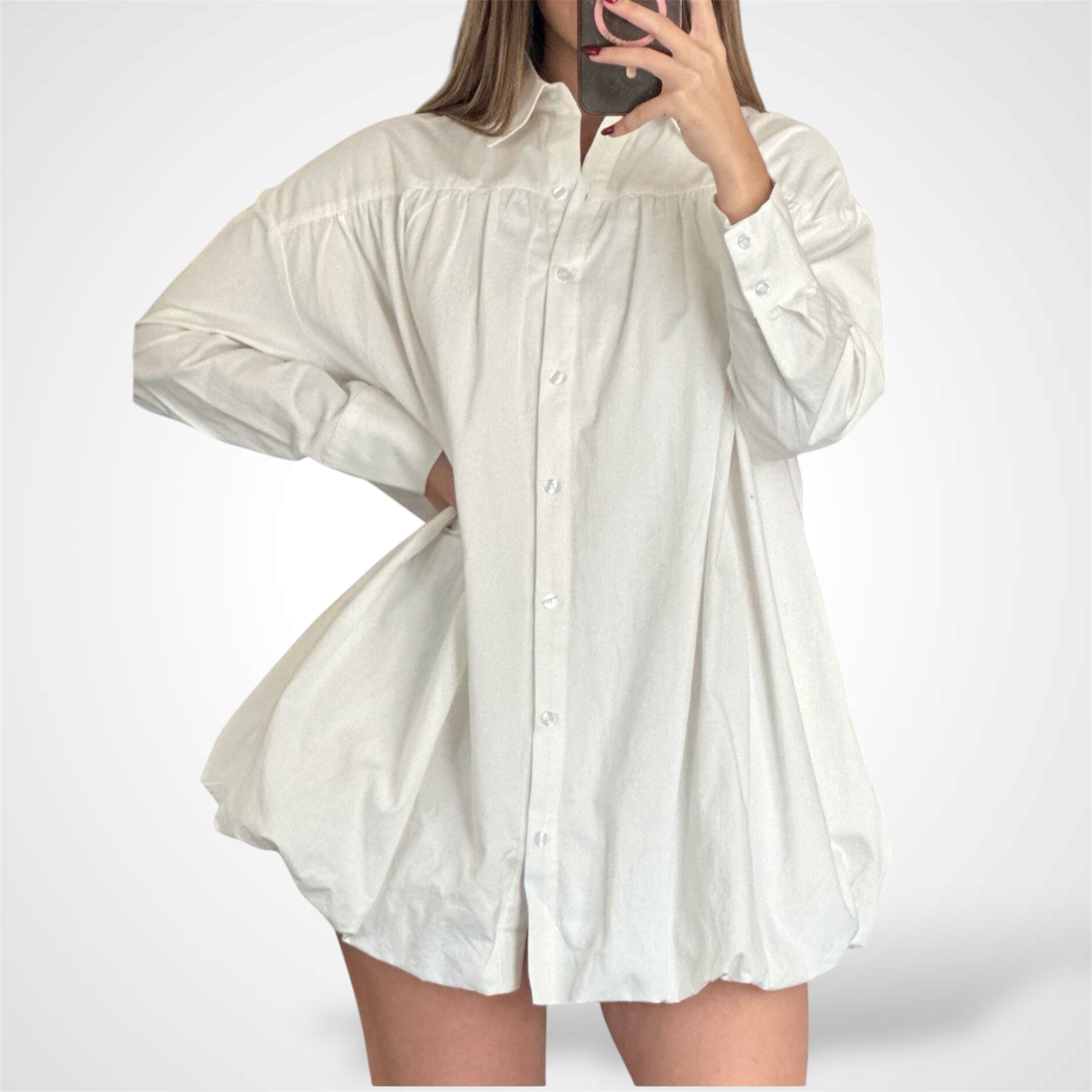 Bubble hem Cotton long sleeve Mini Dress•-1