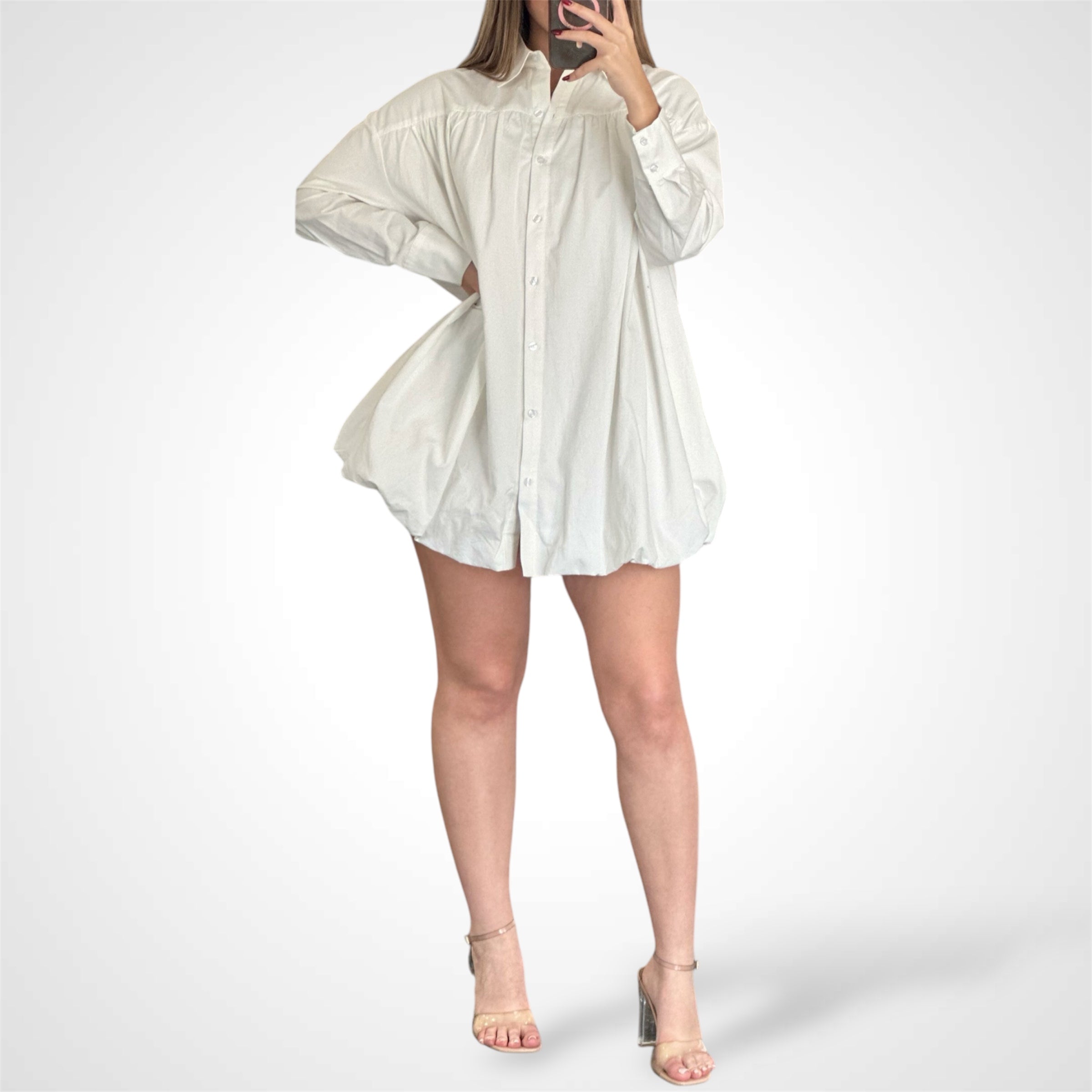 Bubble hem Cotton long sleeve Mini Dress•-2