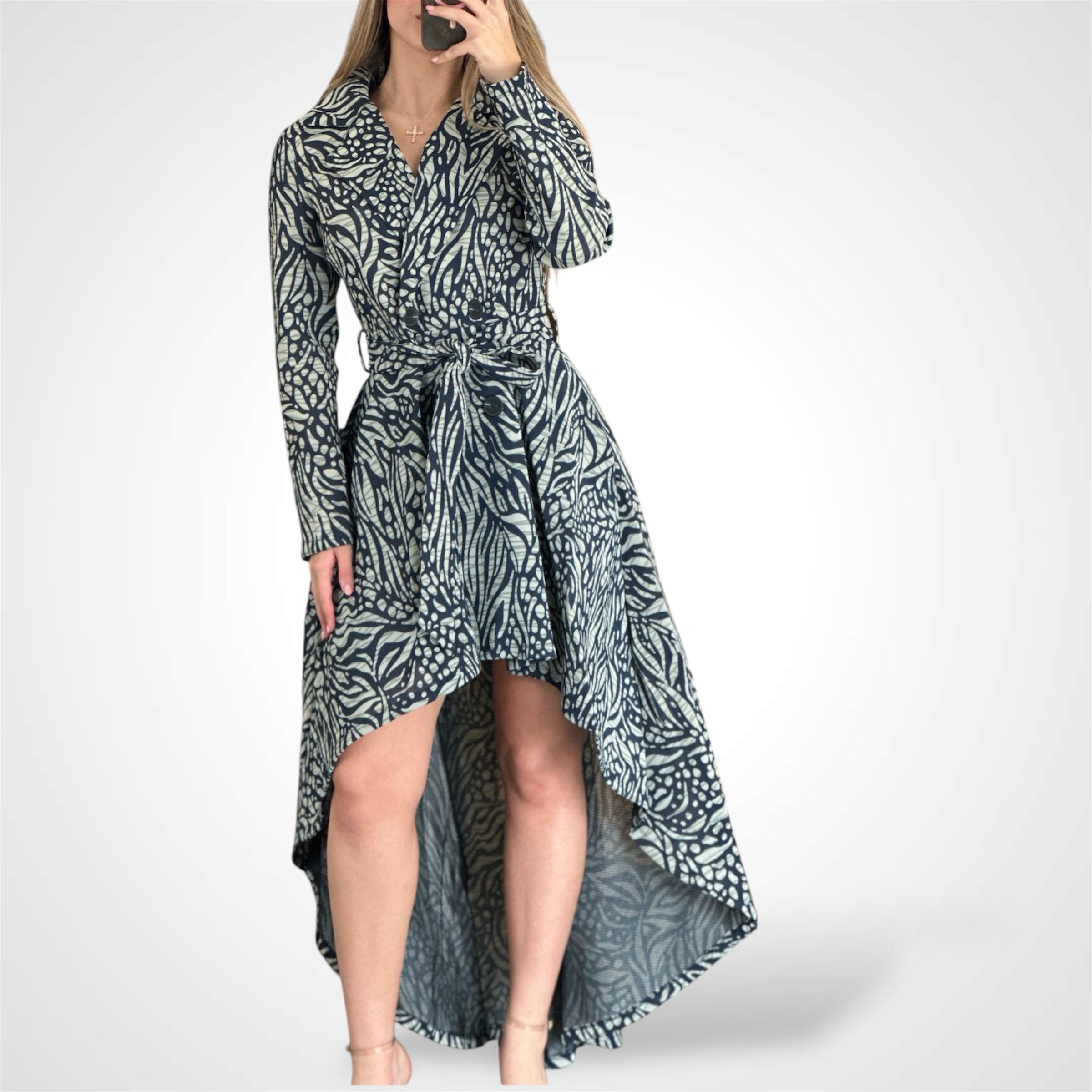 BUTTON CLOSURE POCKETS PRINTED HIGH-LOW MAXI DRESS•-1