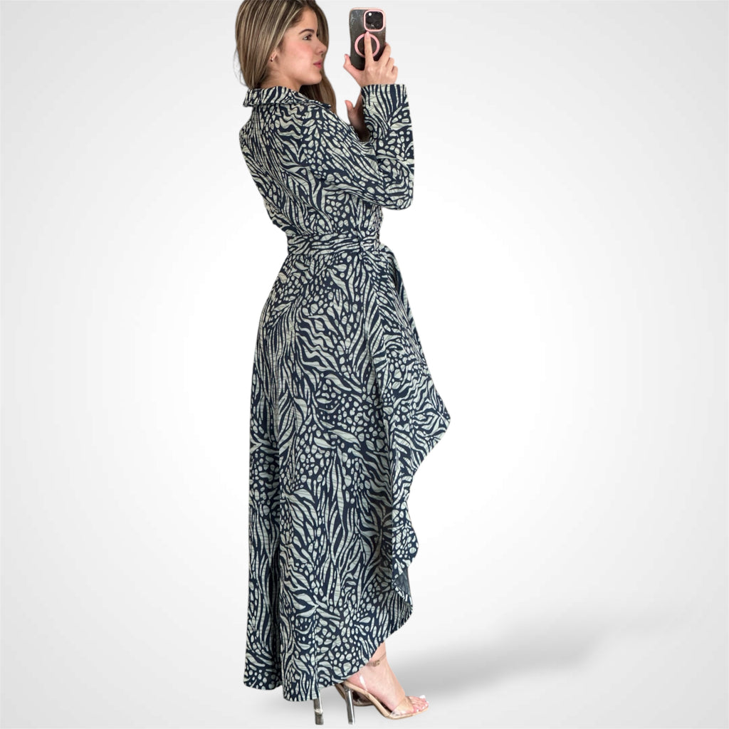 BUTTON CLOSURE POCKETS PRINTED HIGH-LOW MAXI DRESS