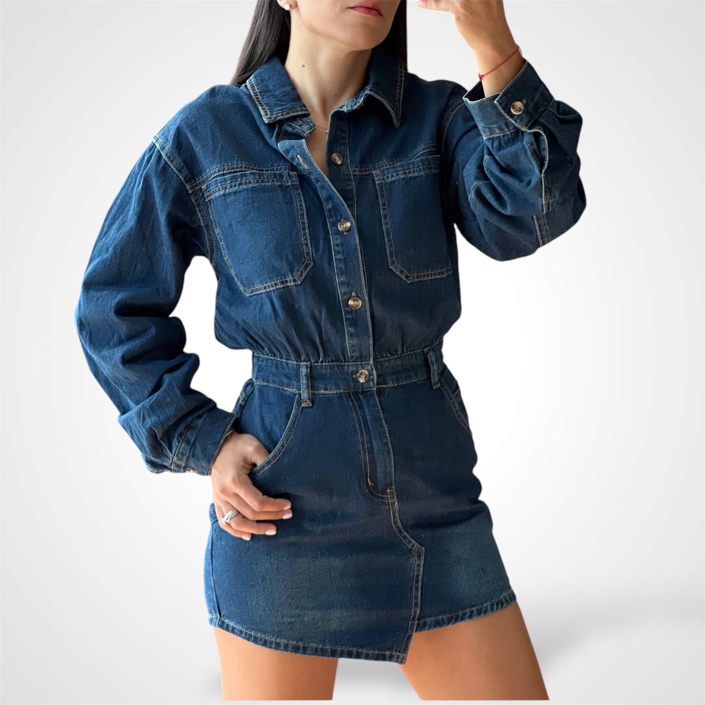 BUTTON DOWN DENIM CINCHED WAIST MINI DRESS-1