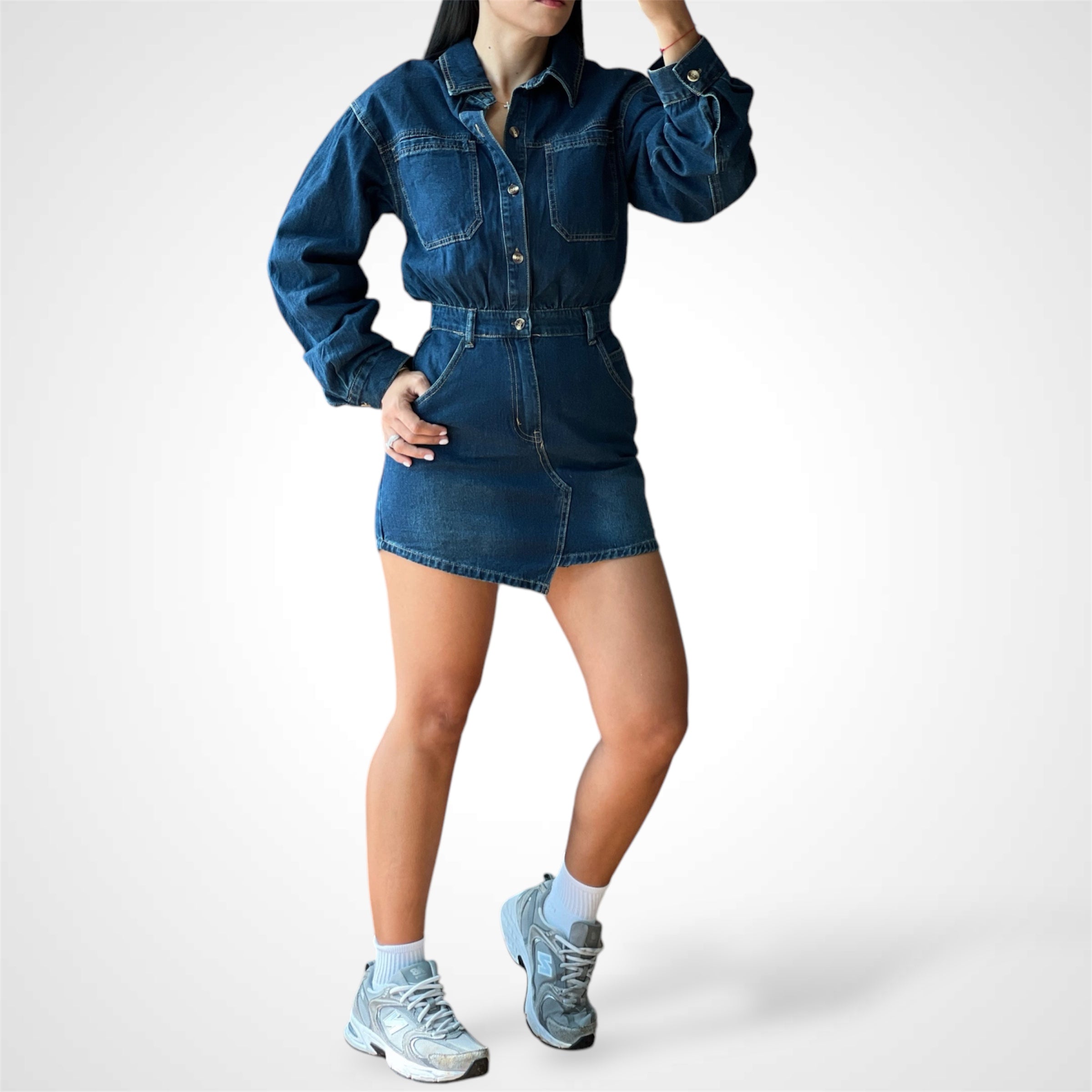 BUTTON DOWN DENIM CINCHED WAIST MINI DRESS-2