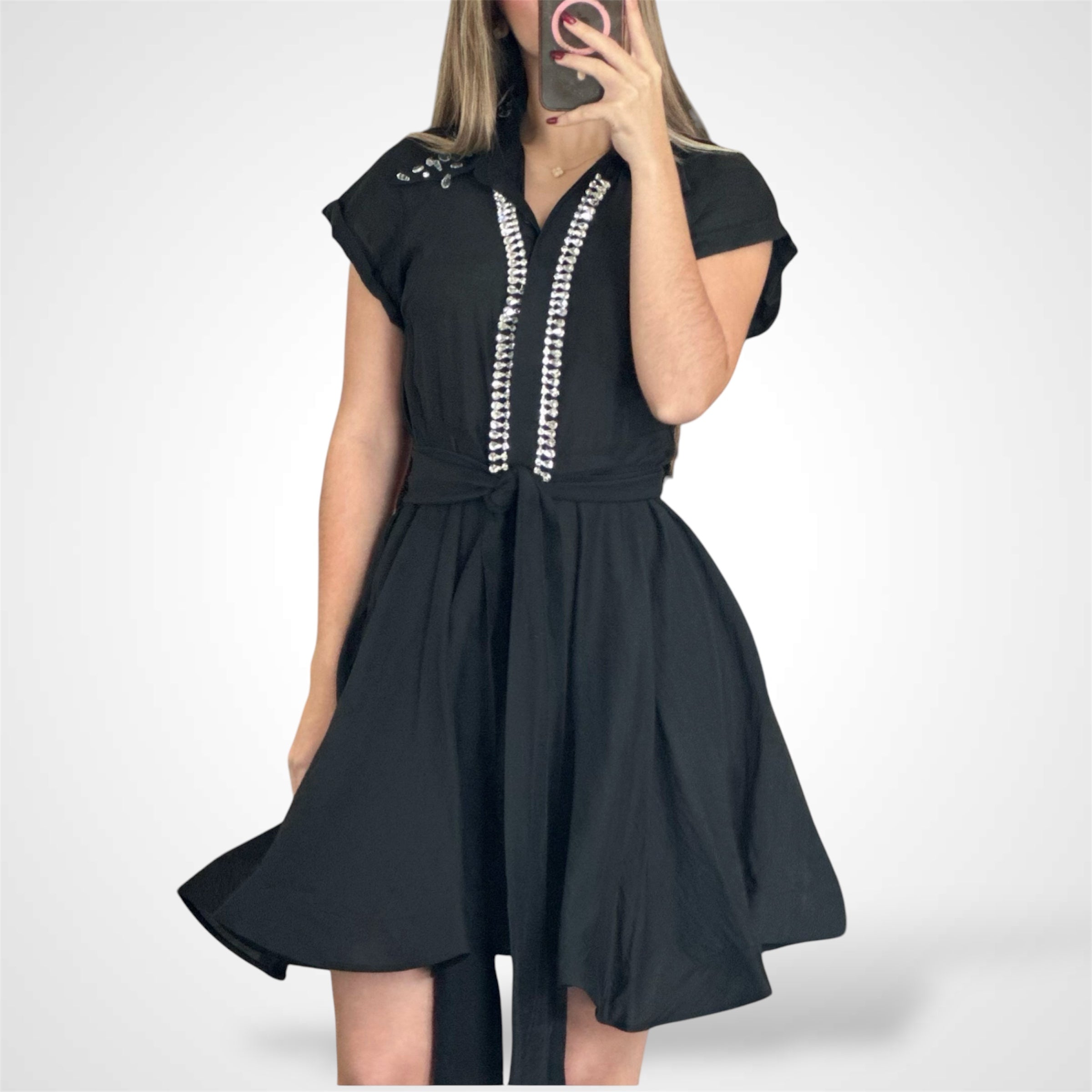 BUTTON UP SELF TIE STUDS DETAILED MINI DRESS•-1