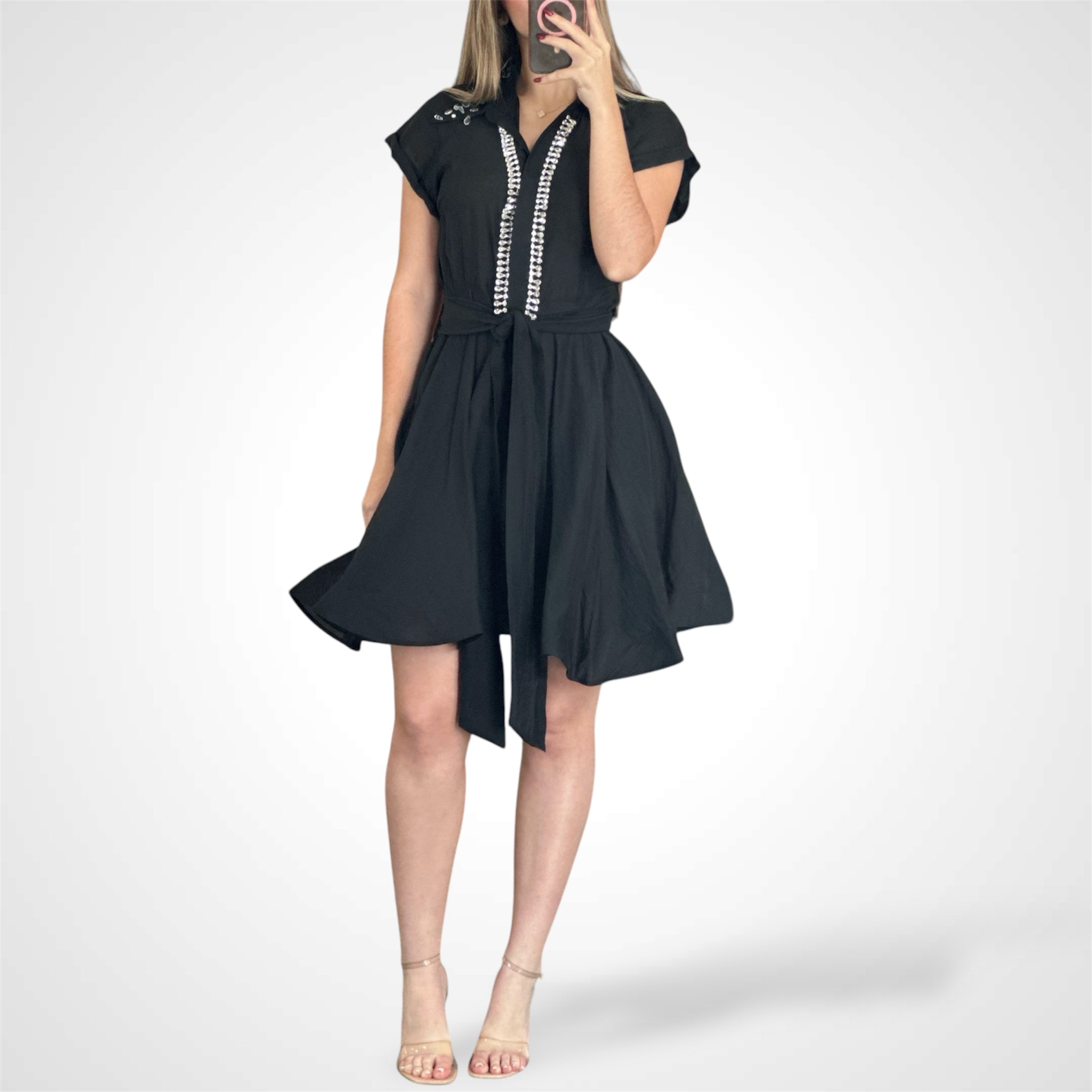 BUTTON UP SELF TIE STUDS DETAILED MINI DRESS•-2