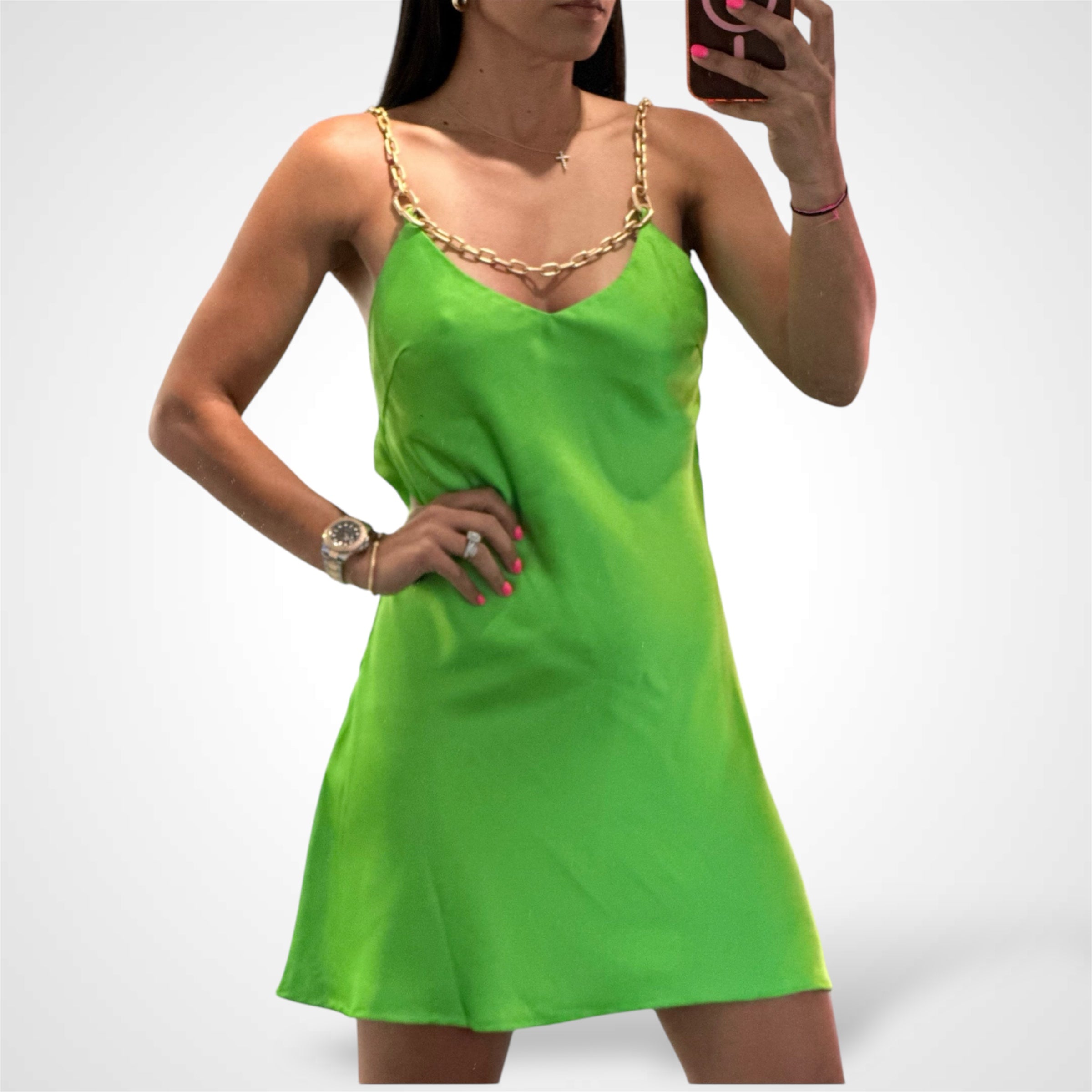 CHAIN FRONT SATIN DRESS•-1