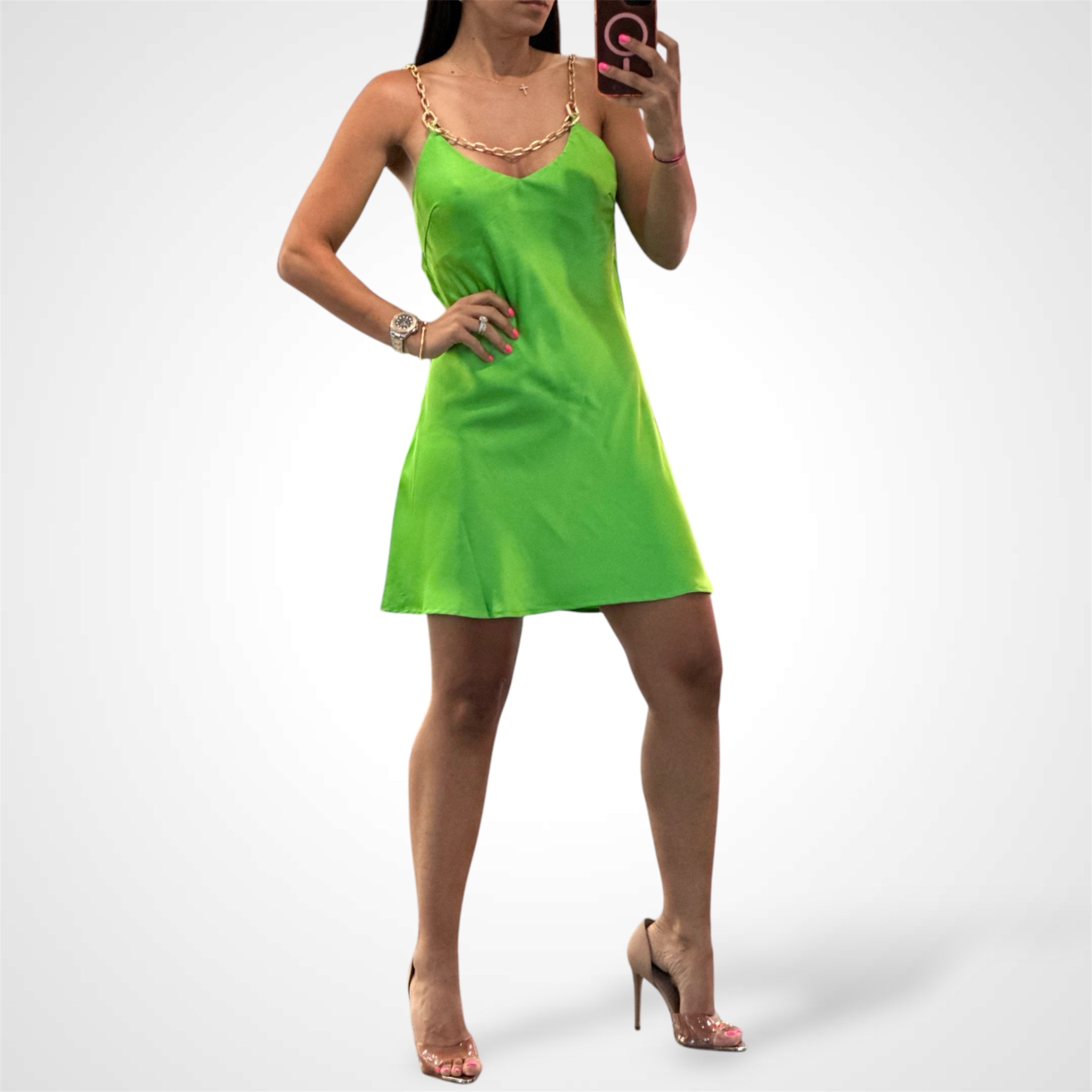 CHAIN FRONT SATIN DRESS•-2