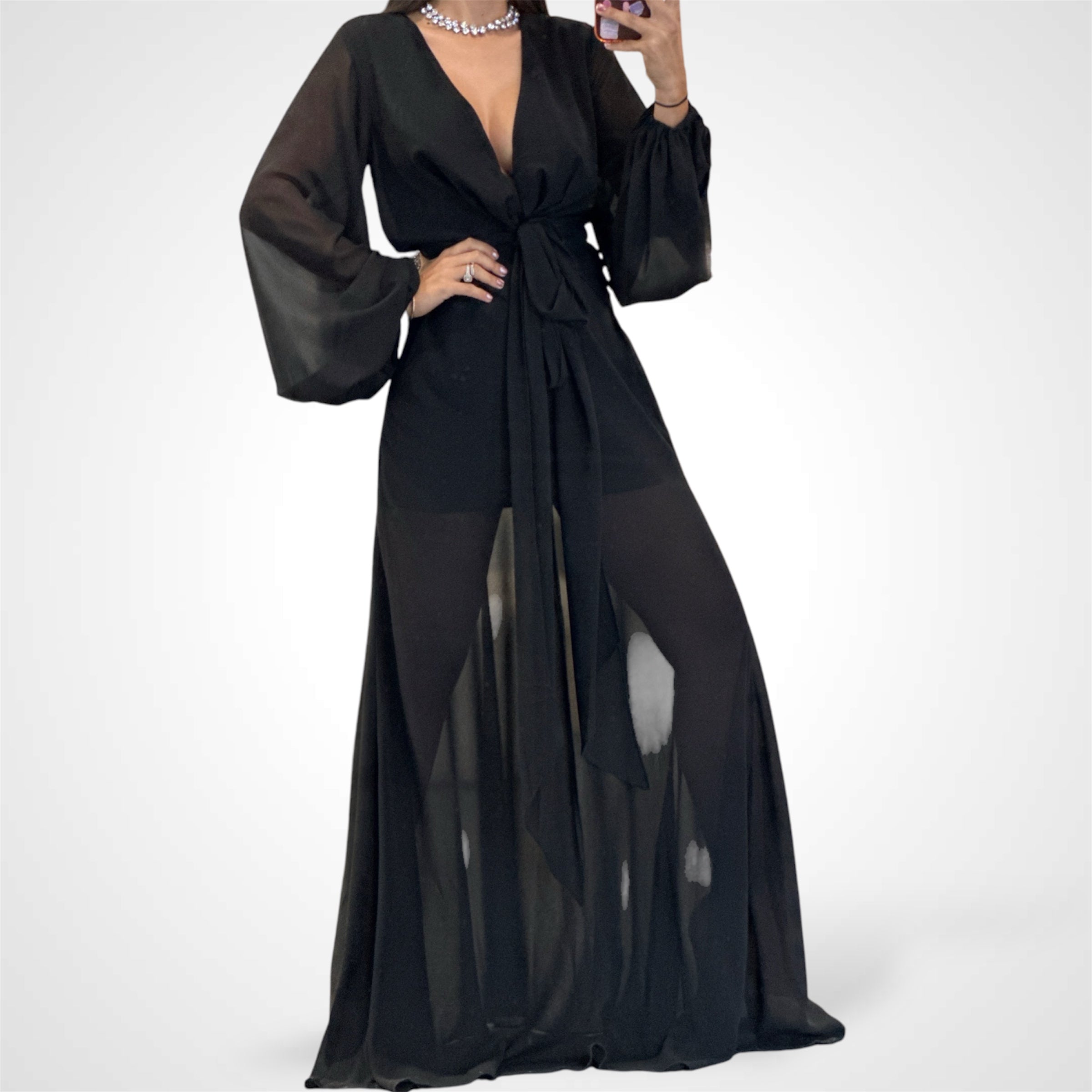 SOLID CHIFFON TIE FRONT MAXI DRESS•
