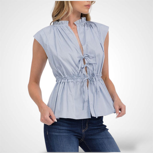 Ice Blue Sleeveless Front Tie Peplum Top