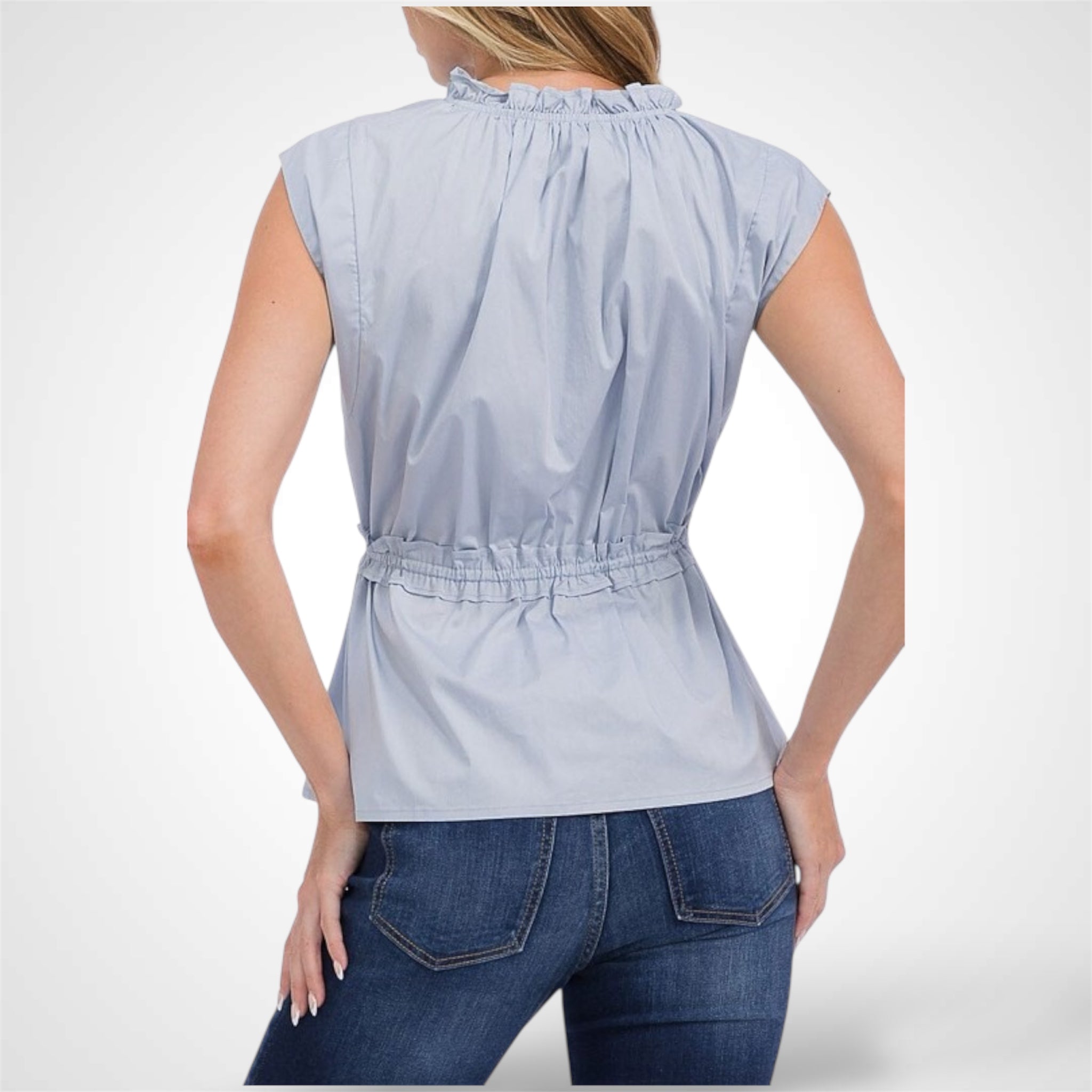 Ice Blue Sleeveless Front Tie Peplum Top•-2
