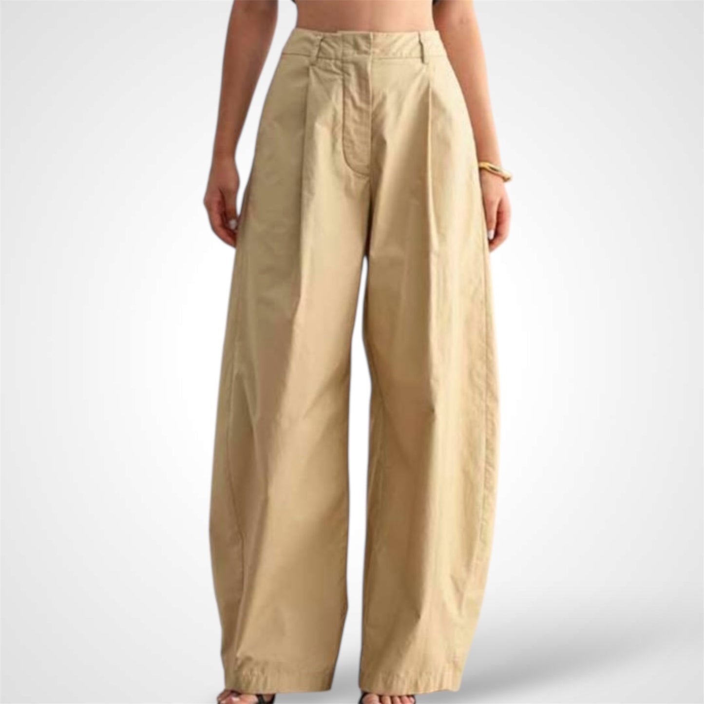 KHAKI MID-RISE PINTUCK WIDE LEG PANTS