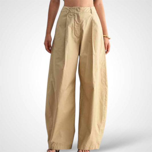 KHAKI MID-RISE PINTUCK WIDE LEG PANTS