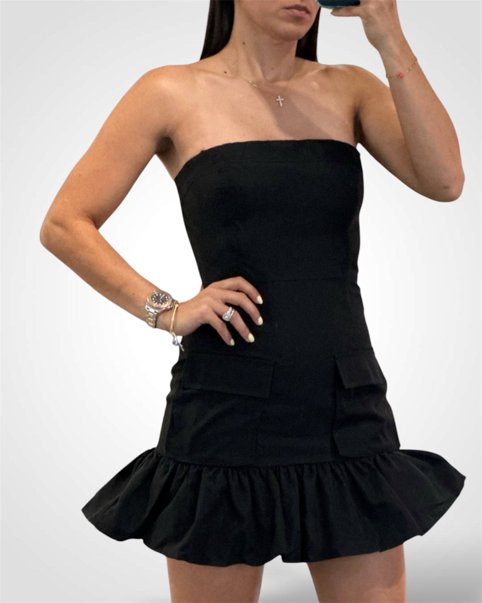 OFF SHOULDER CARGO MINI DRESS