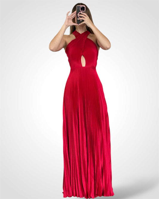 RED PLEATED CROSS OVER MAXI DRESS