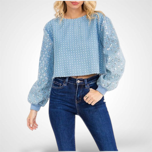 Long Sleeve Distress Sequins Shimmer Denim Top