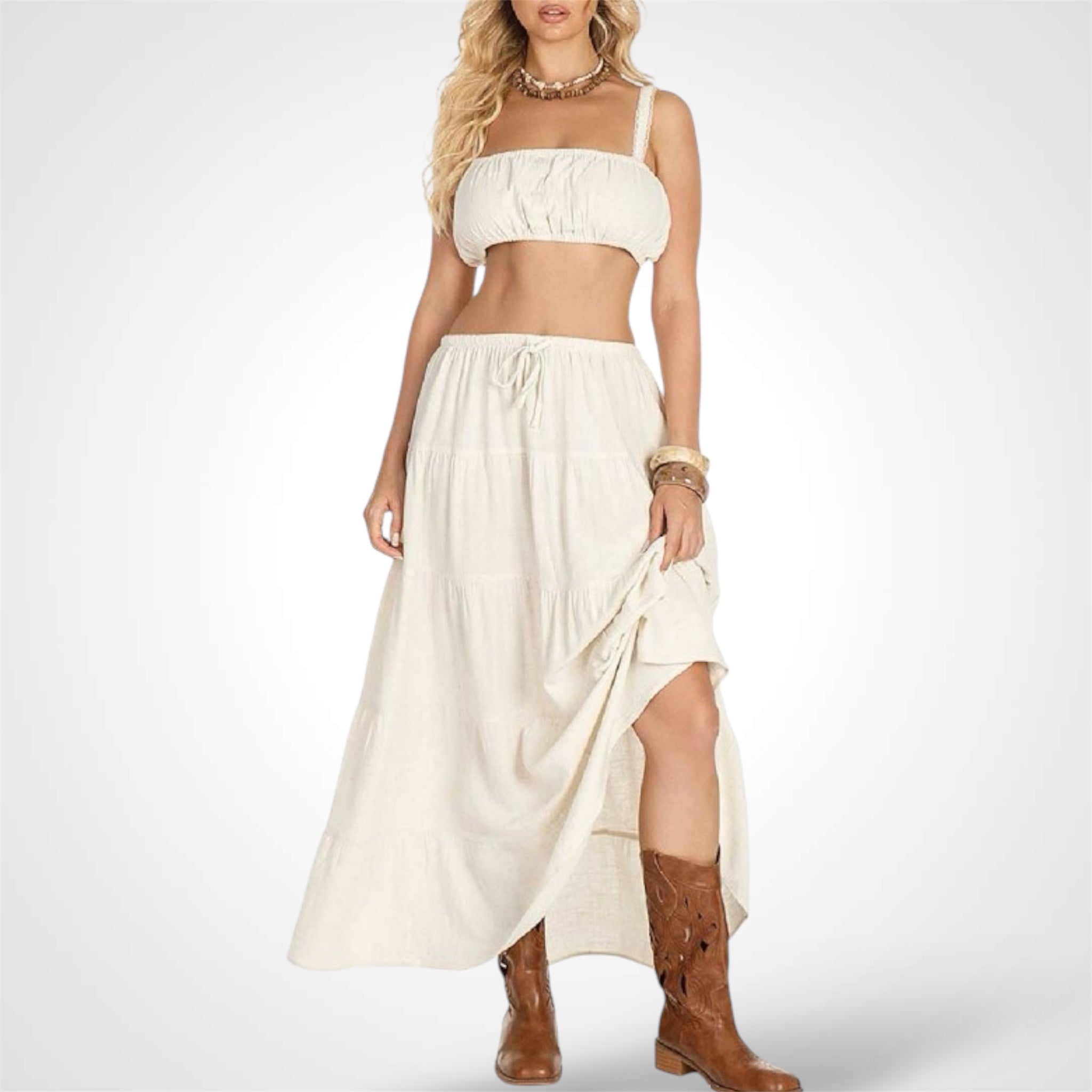 Crop Top Elastic Waist Skirt Solid Linen Set•-2