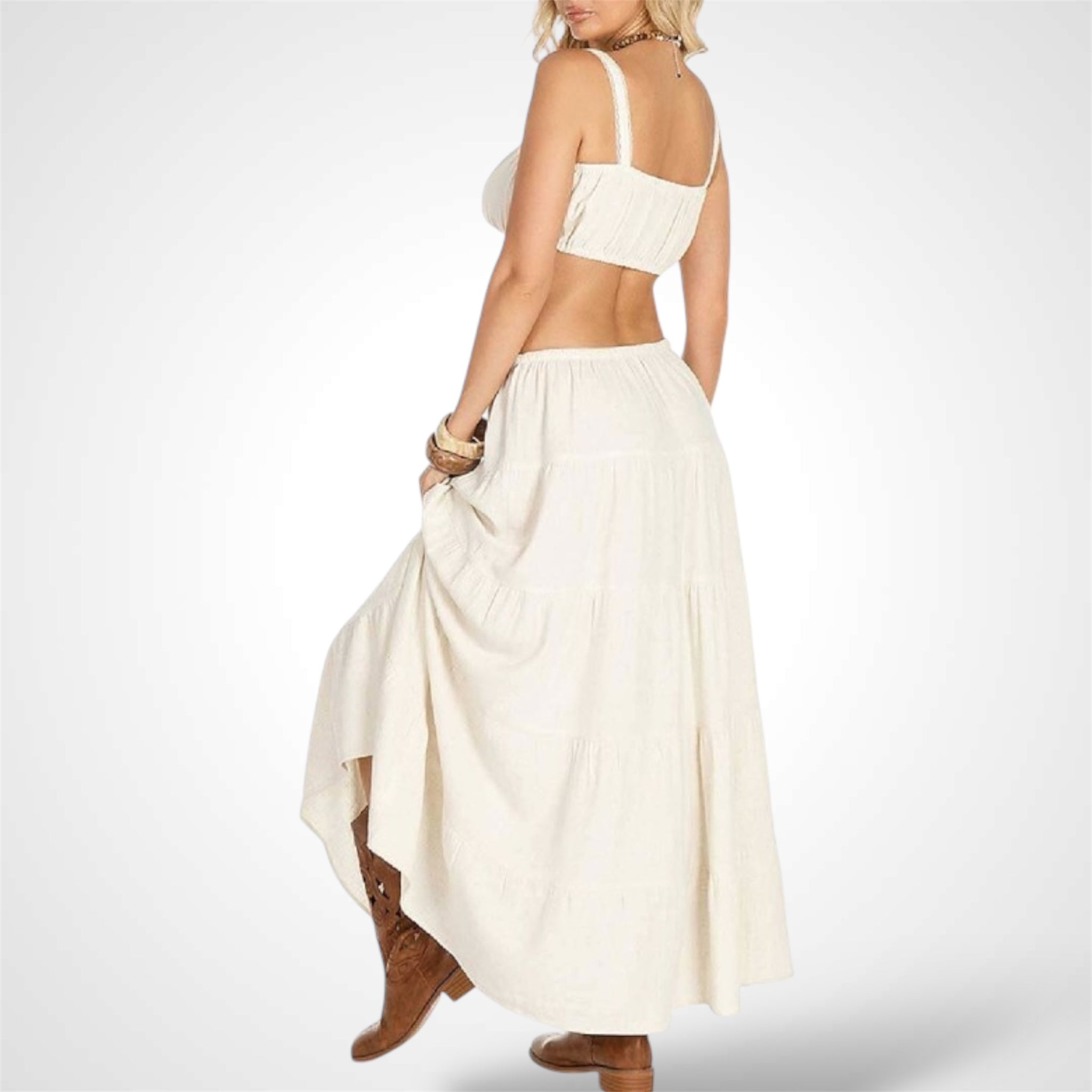 Crop Top Elastic Waist Skirt Solid Linen Set•-3