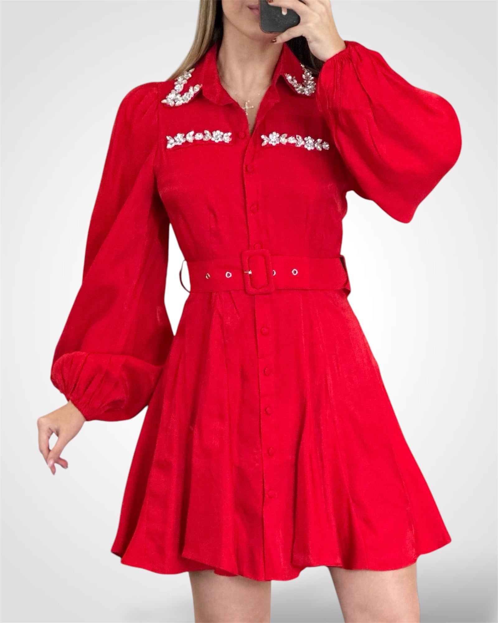 RED LONG SLEEVE SHORT DRESS