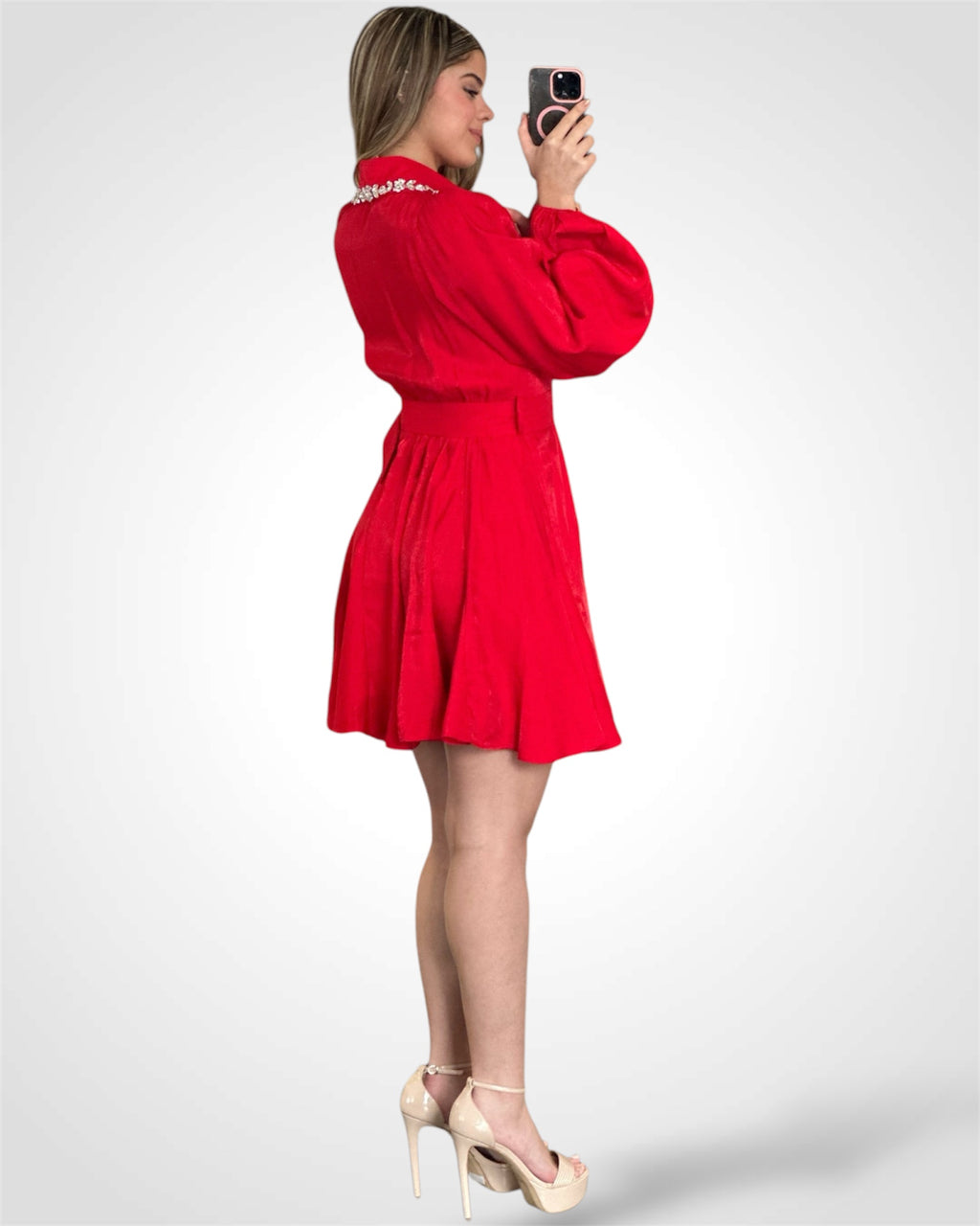 RED LONG SLEEVE SHORT DRESS