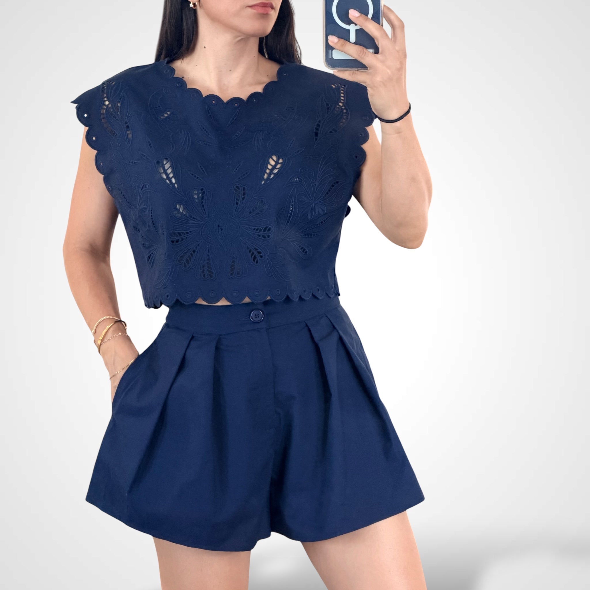Embroidery Navy Crop Top-1