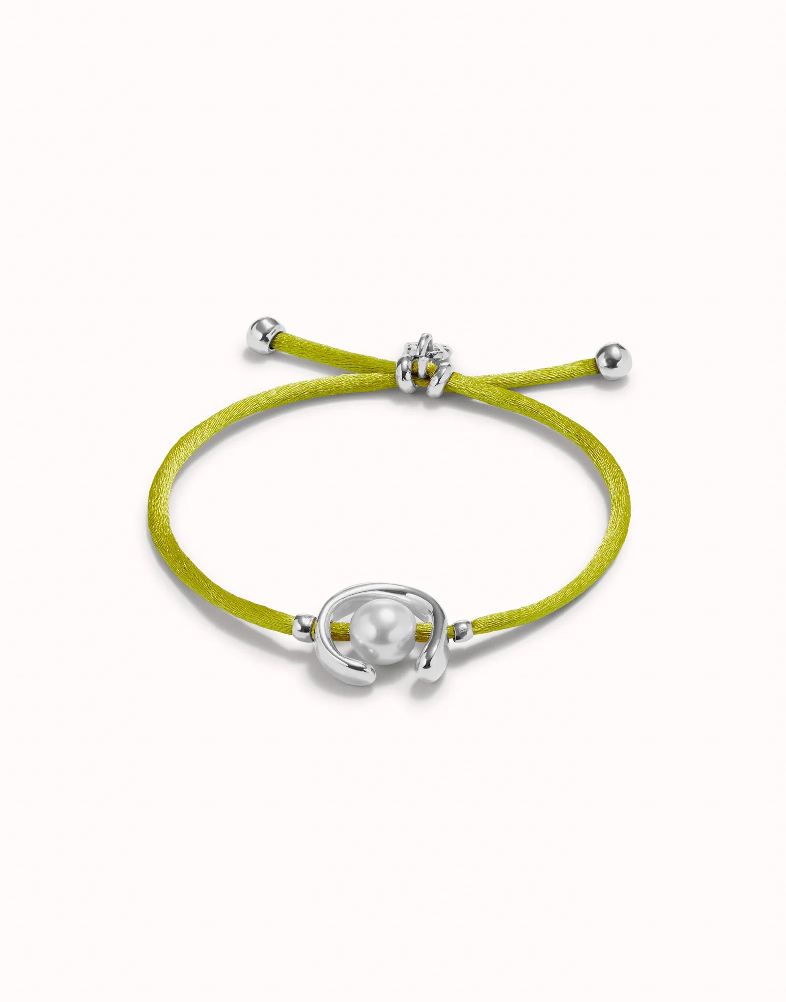 UNO DE 50 - Pulsera de hilo lima con perla shell fornitura bañada en plata de ley•