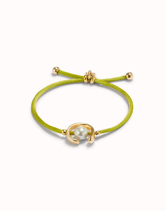UNO DE 50 - Pulsera de hilo lima con perla shell fornitura bañada en oro 18k.