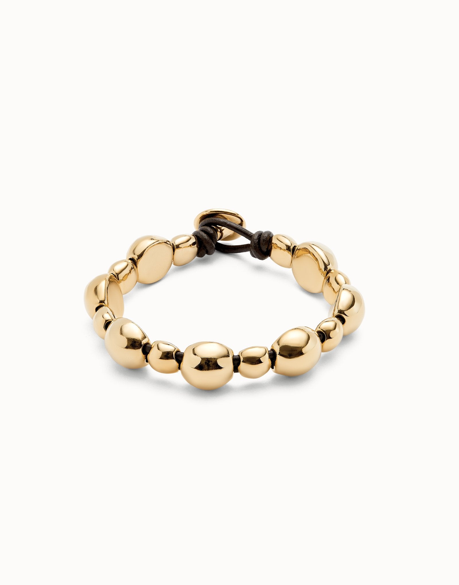 Pulsera de cuero con cuentas bañadas en oro 18k•-1