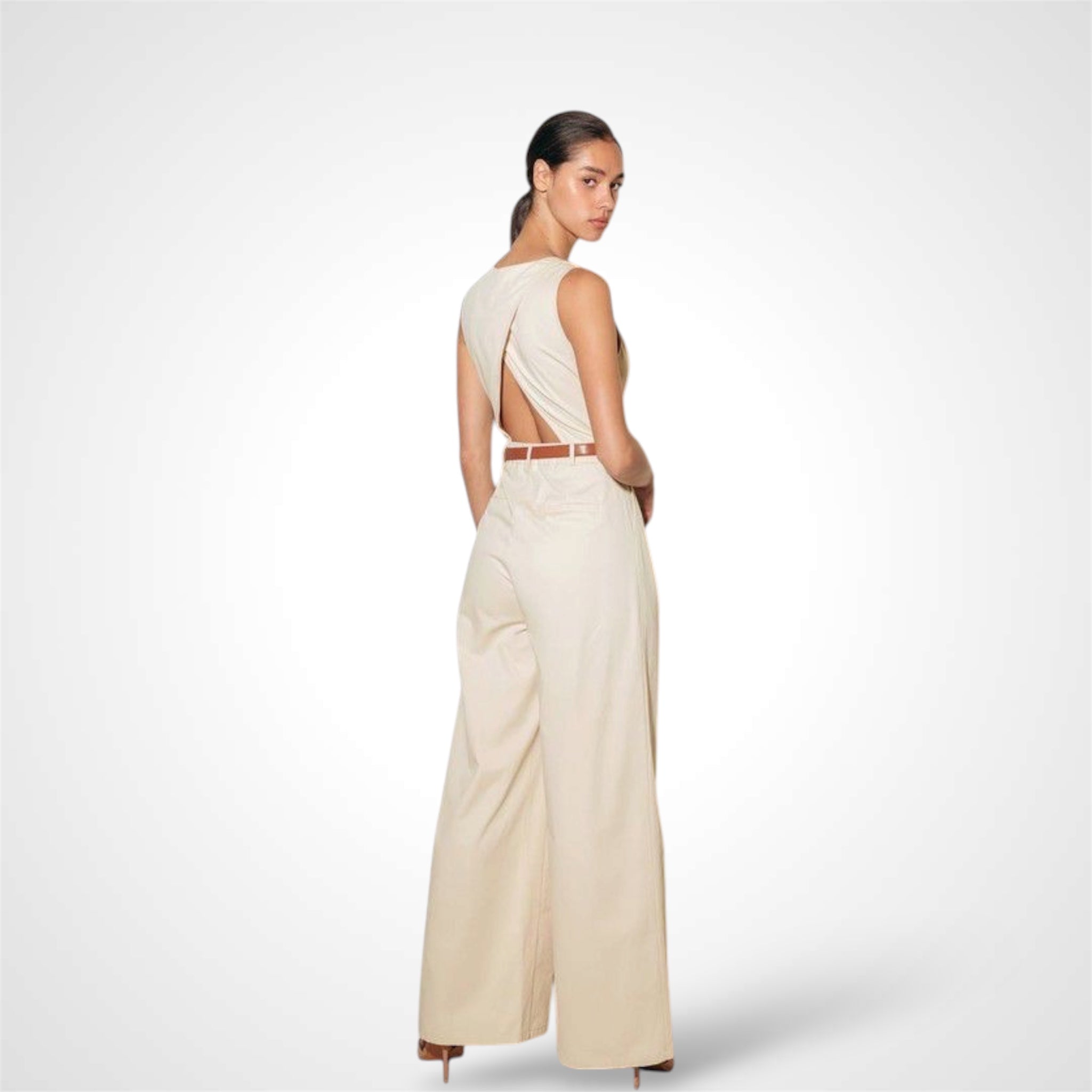 ALMOND SOLID WOVEN JUMPSUIT•-2