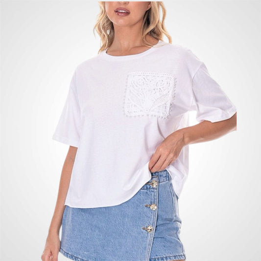 Short Sleeve Front Crochet Pearl Pocket T-shirt