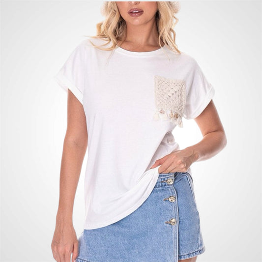 Short Sleeve Front Crochet Pocket T-shirt