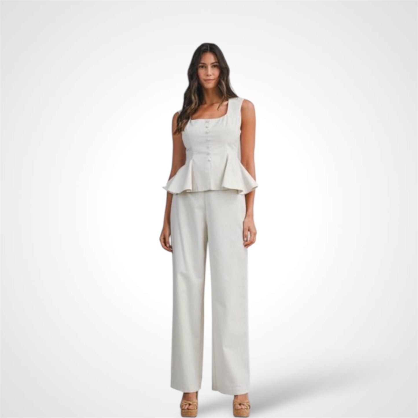 Linen Sleeveless Peplum Top and Pants Set Oatmeal