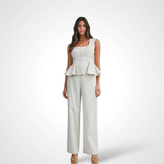 Linen Sleeveless Peplum Top and Pants Set Oatmeal