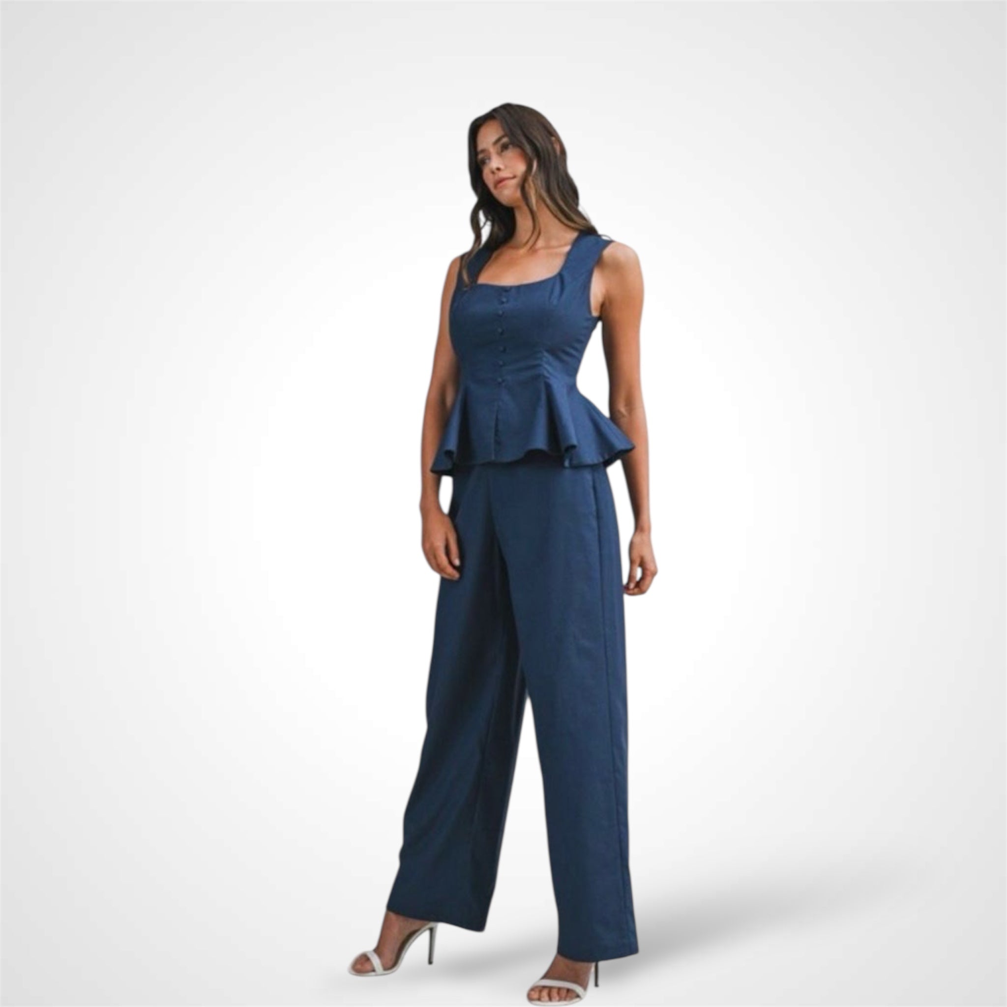 Linen Sleeveless Peplum Top and Pants Set Navy•-2