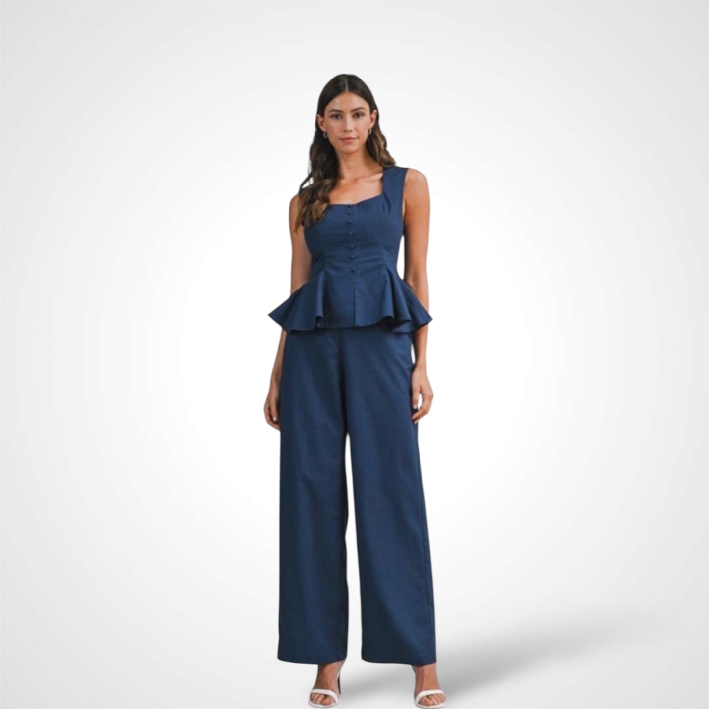 Linen Sleeveless Peplum Top and Pants Set Navy