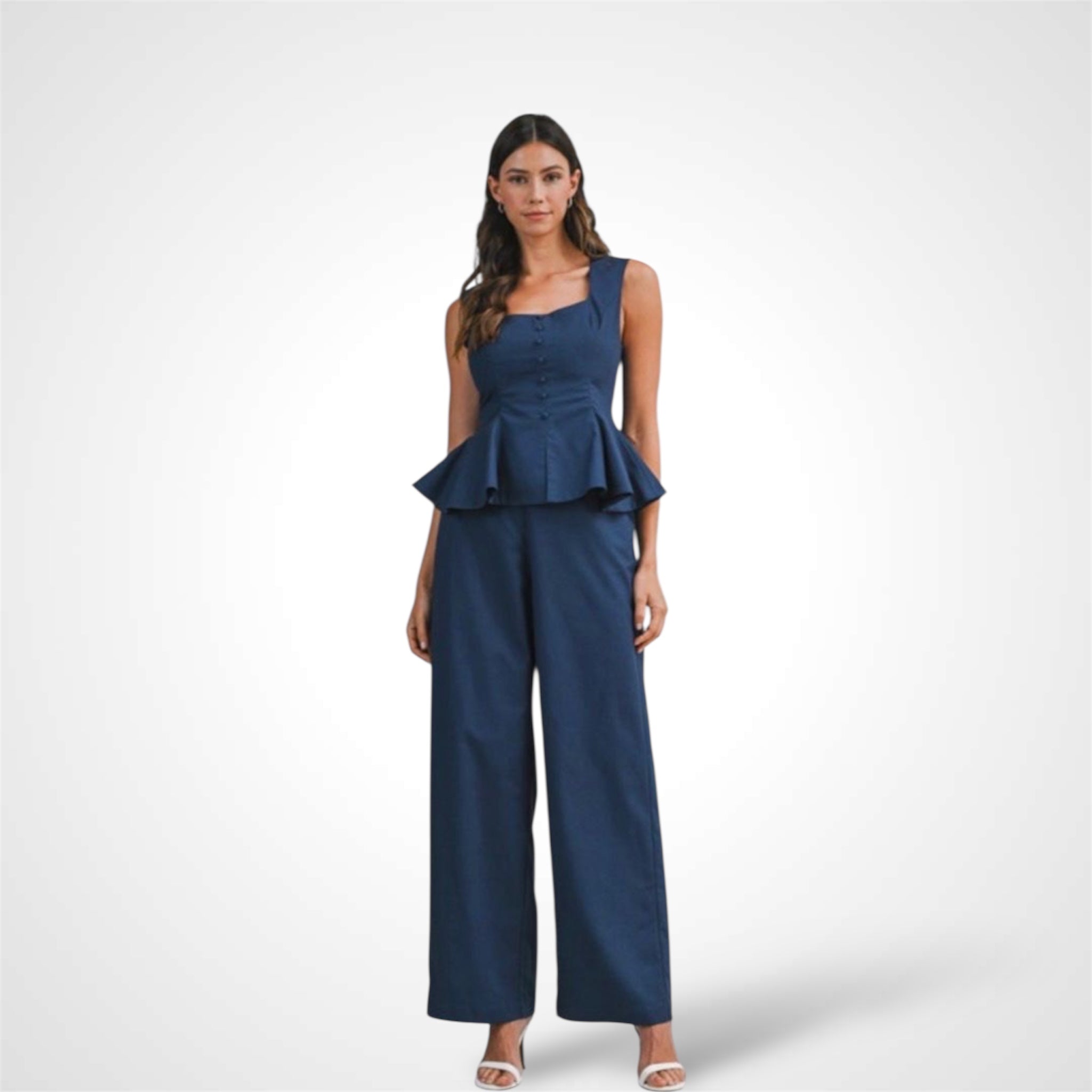 Linen Sleeveless Peplum Top and Pants Set Navy•
