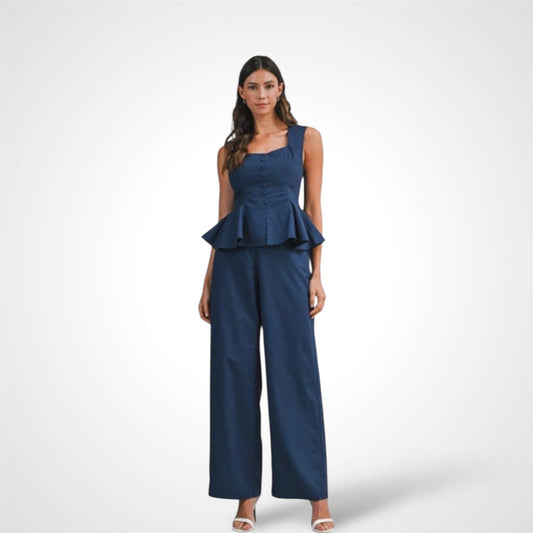 Linen Sleeveless Peplum Top and Pants Set Navy