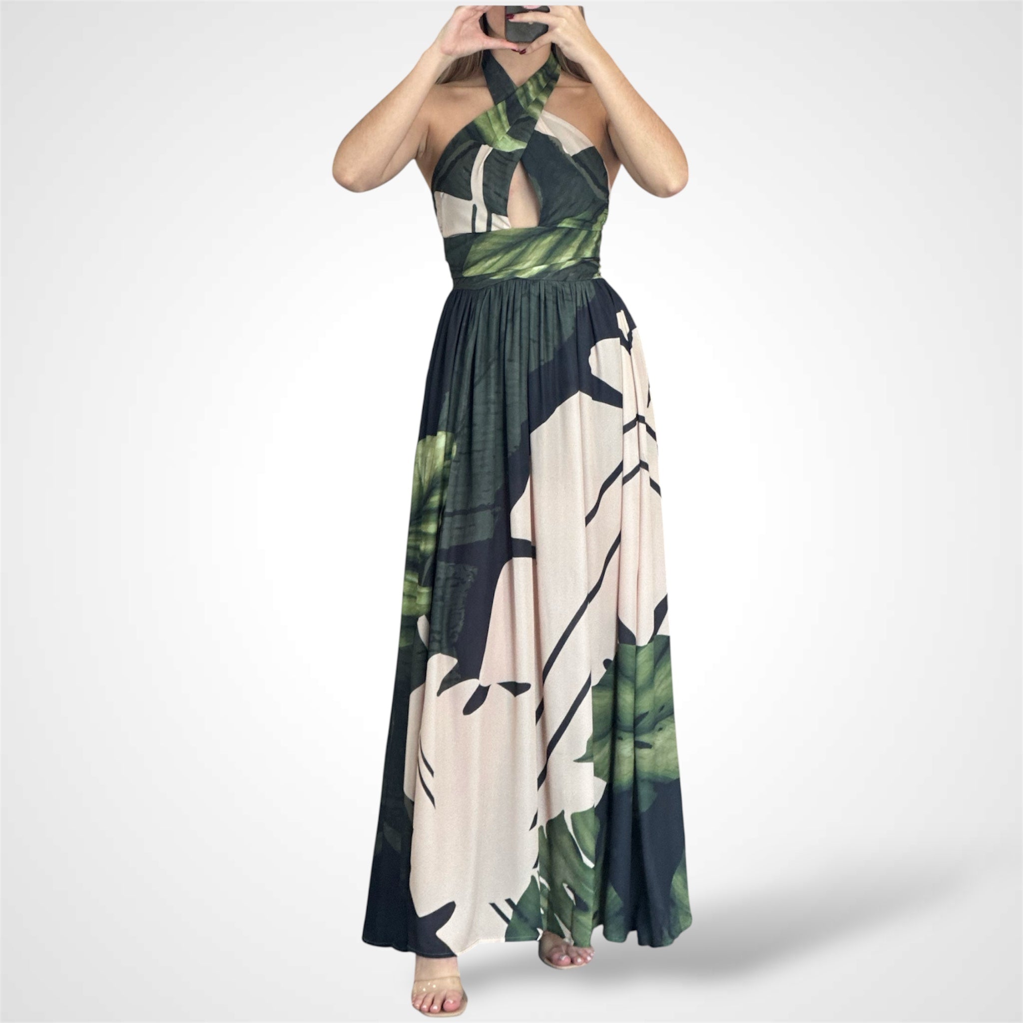 Tropical Palm Halter Maxi Dress
