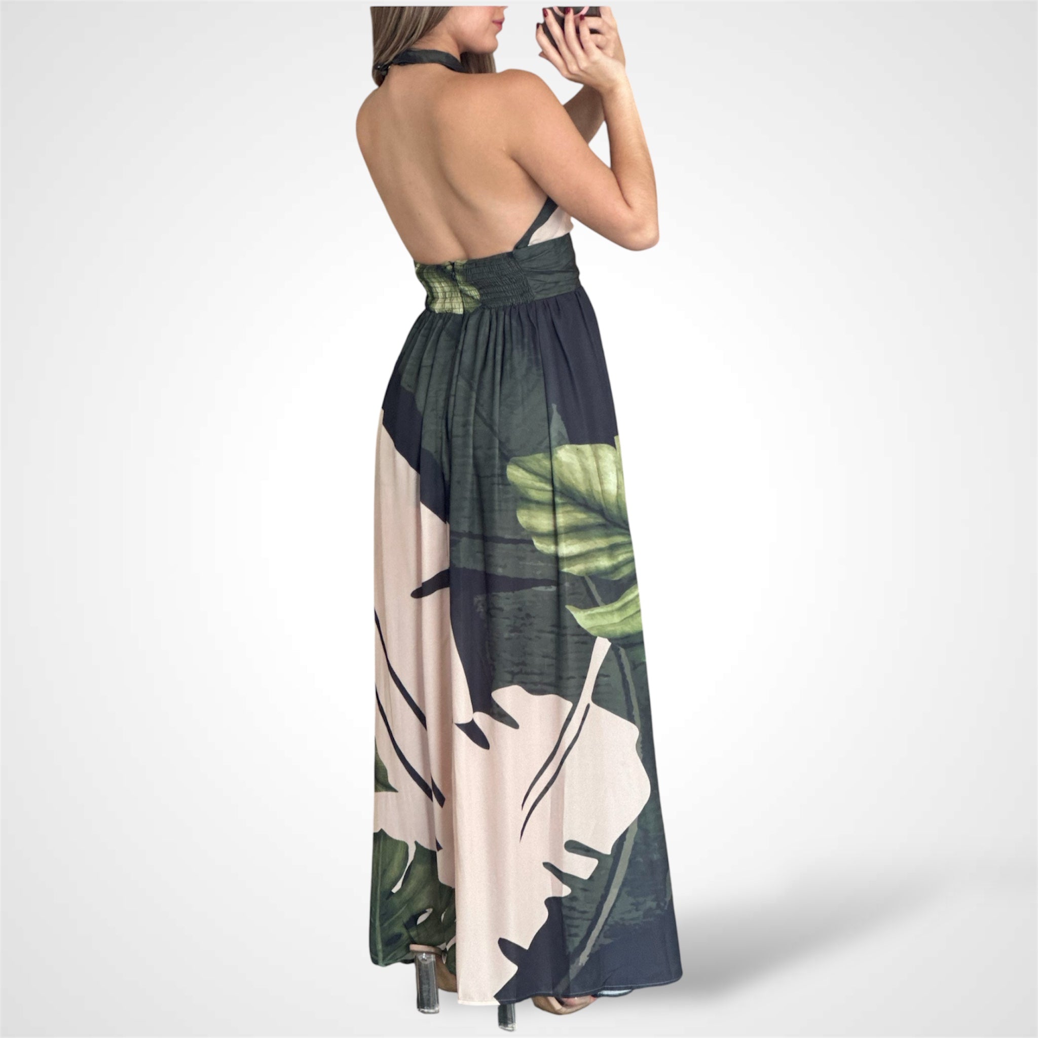 Tropical Palm Halter Maxi Dress•-2