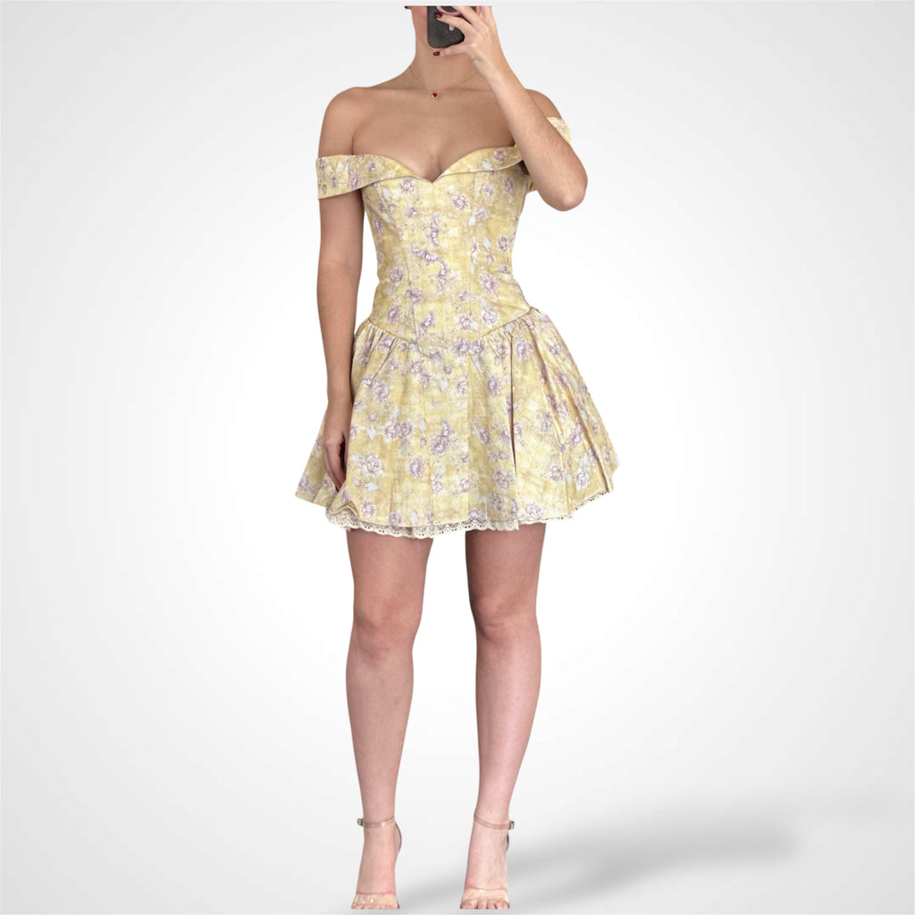 Oana Floral Print Linen Off Shoulder Mini Dress