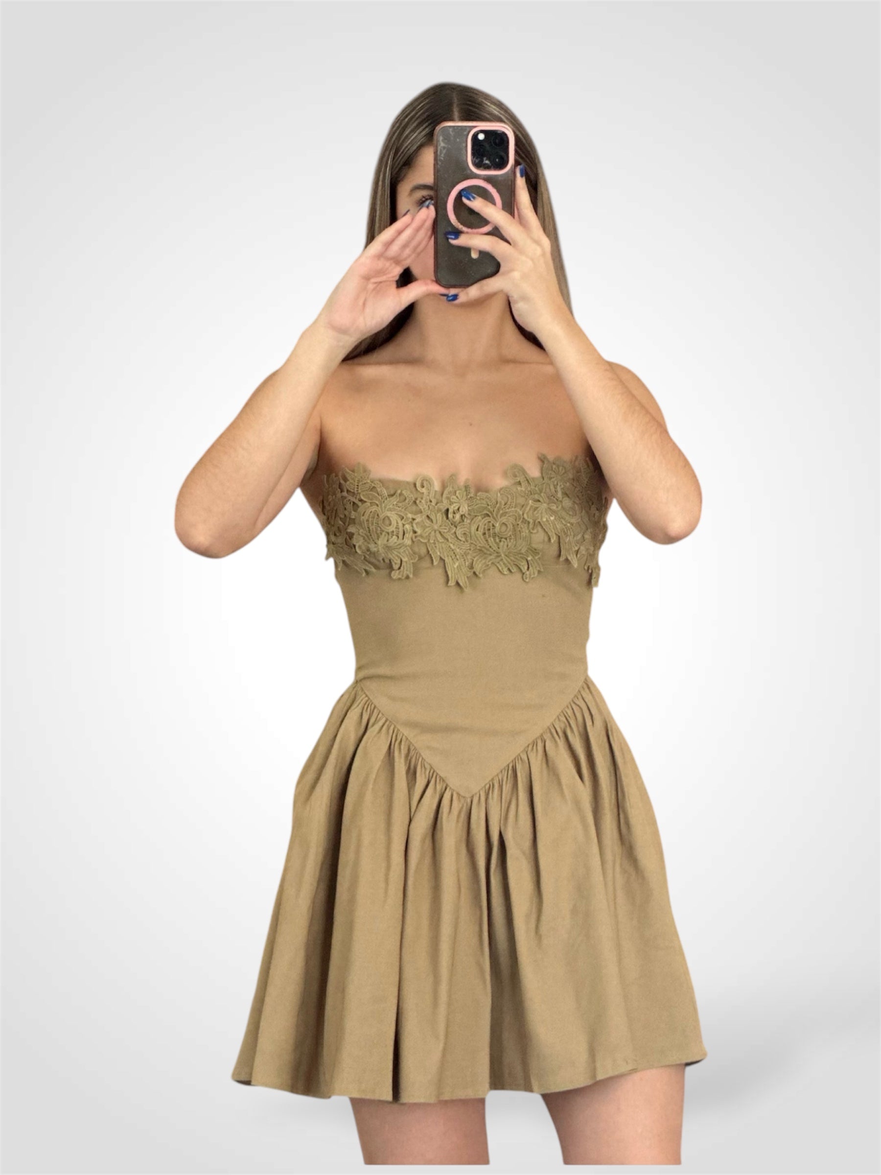 STRAPLESS CROCHET LACE EDGE BUSTIER LOW WAIST FLARE MINI DRESS•