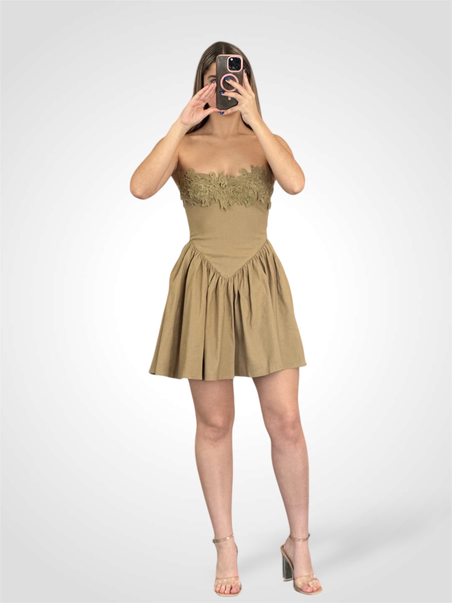 STRAPLESS CROCHET LACE EDGE BUSTIER LOW WAIST FLARE MINI DRESS•-2