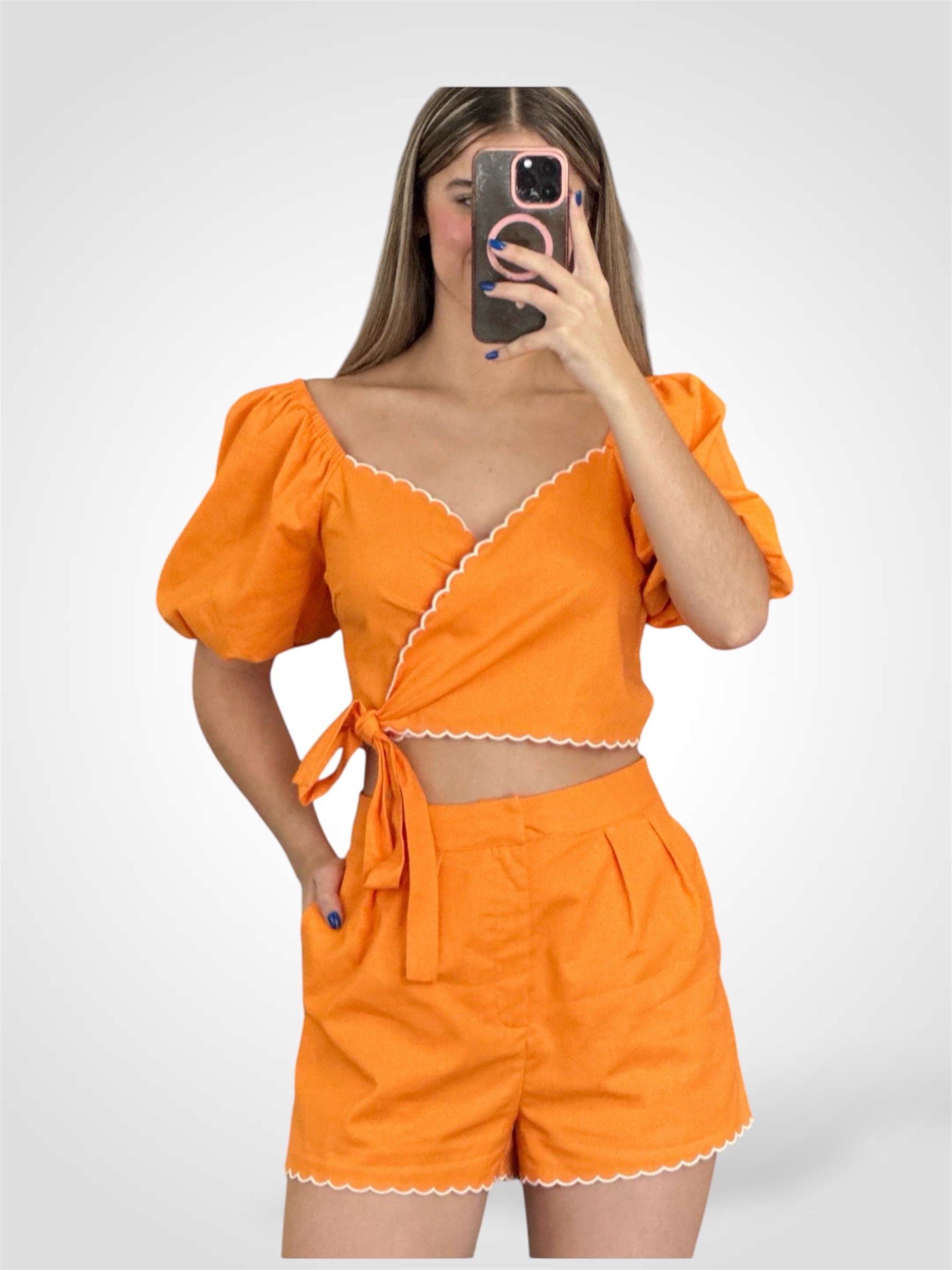 EMBROIDERED SCALLOP SURPLICE WRAP LINEN TOPp