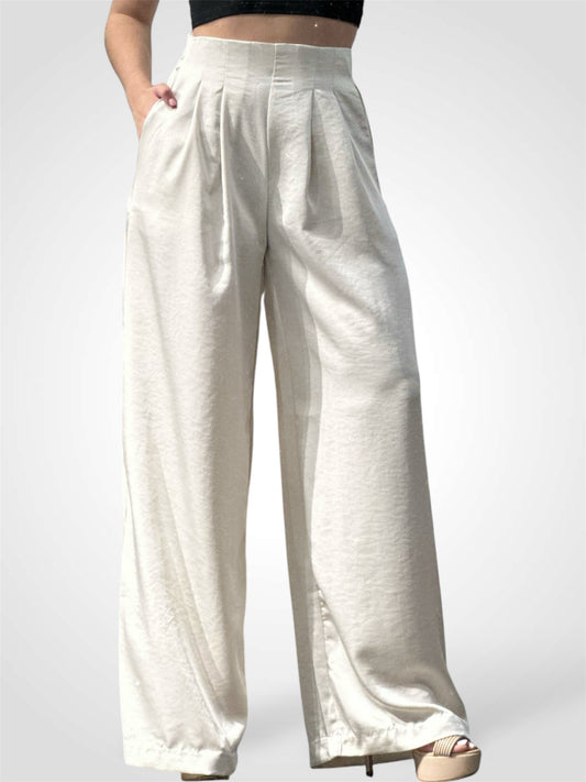 Cream Satin High Waist Pants