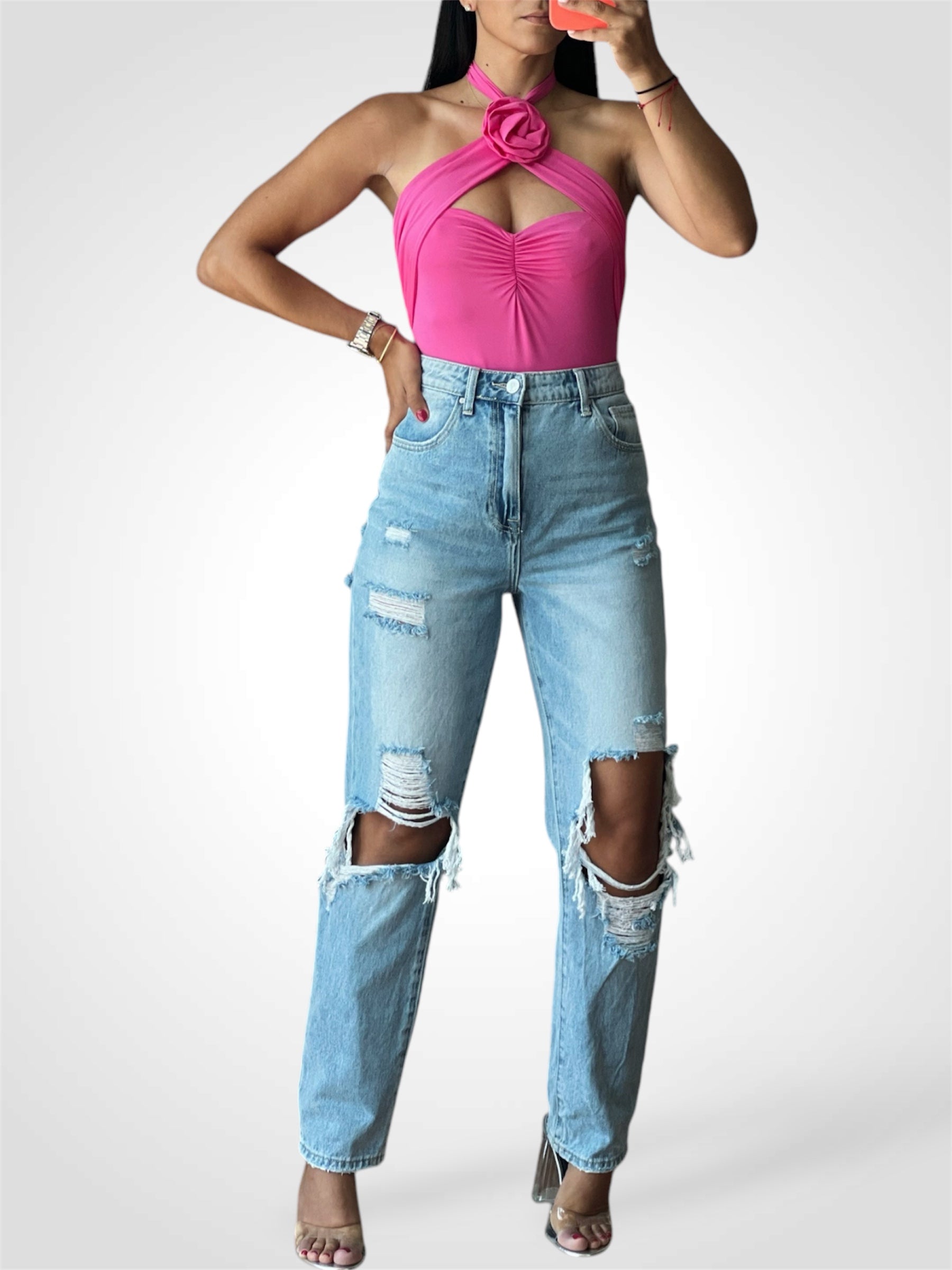 High Waist Ripped Loose Fit Jeans•-2