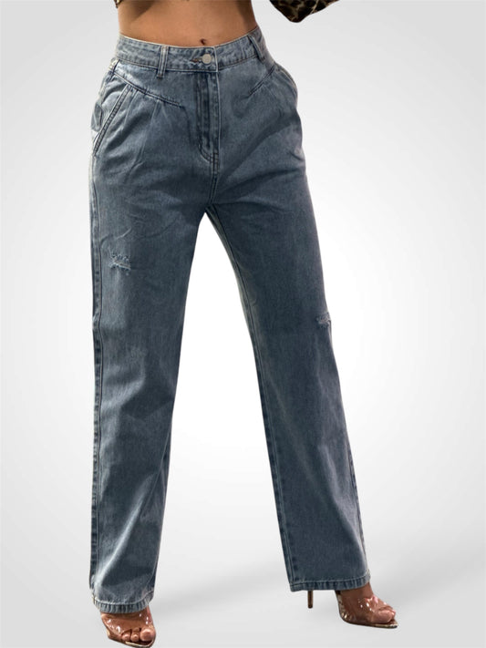 PLEATED HIGH RISE STRAIGHT LEG JEANS