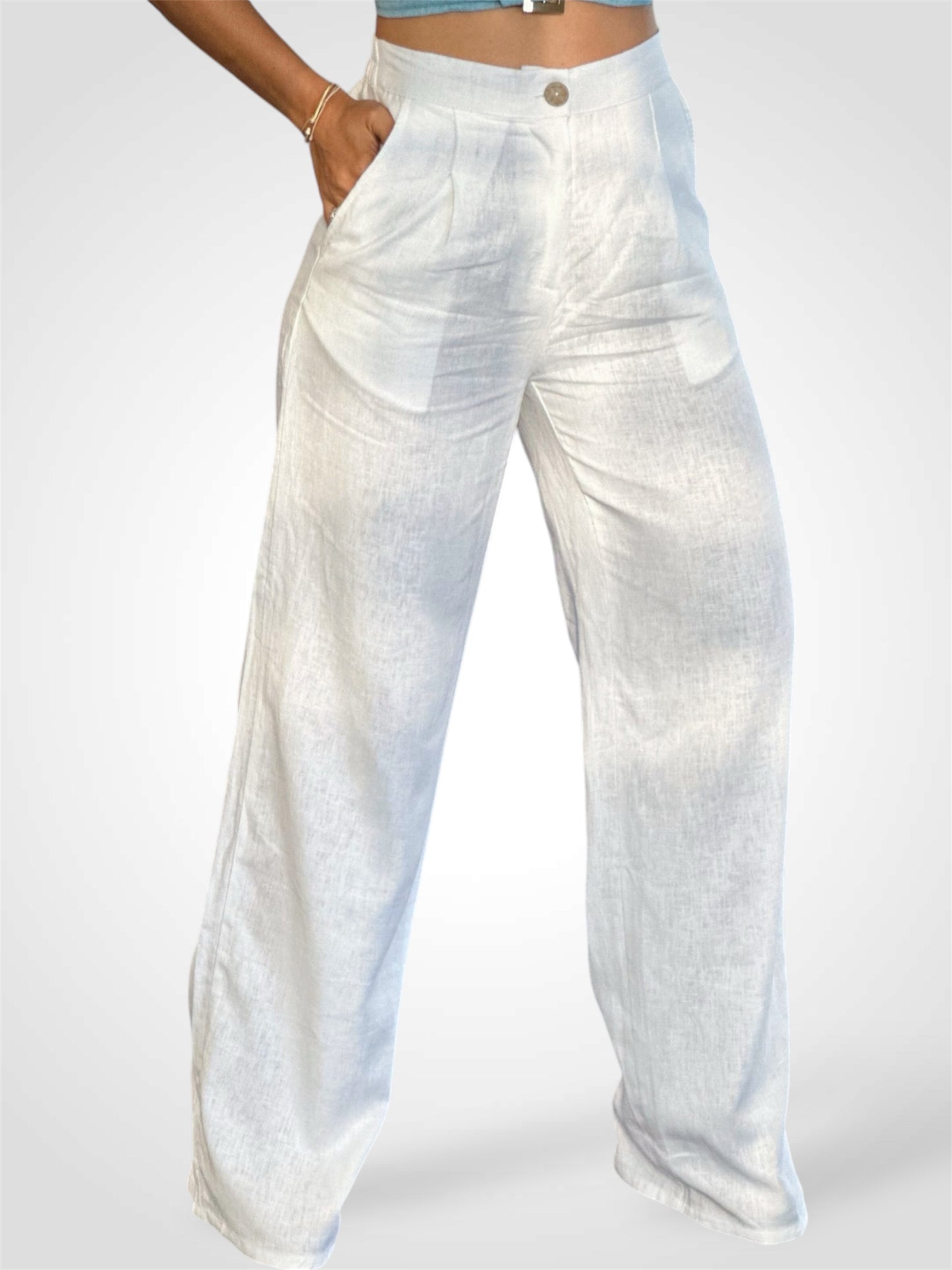 WHITE LINEN FRONT CREASED PANTS