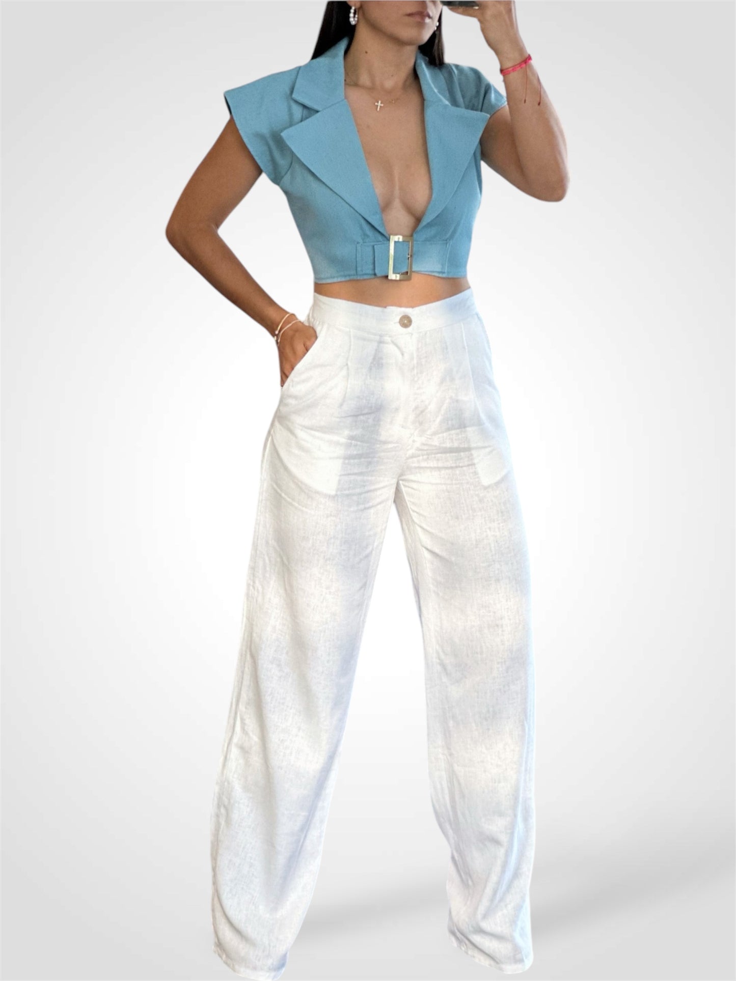 WHITE LINEN FRONT CREASED PANTS