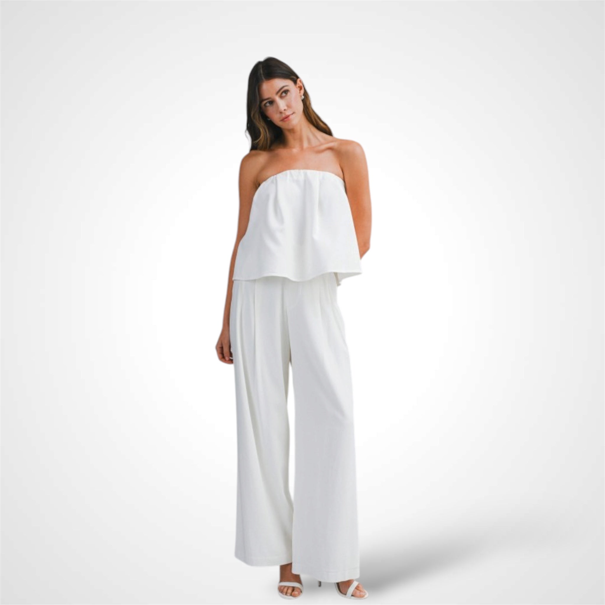 Strapless Flared Crop Top and Wide Leg Pants Set•
