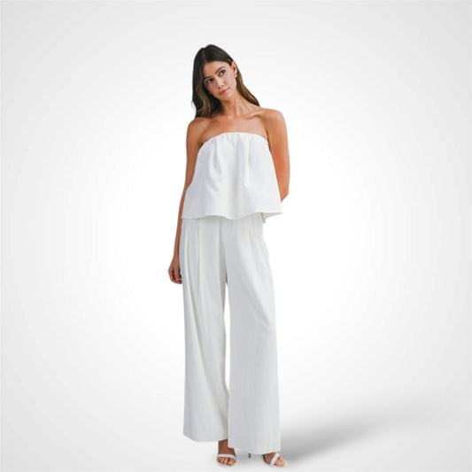 Strapless Flared Crop Top and Wide Leg Pants Set