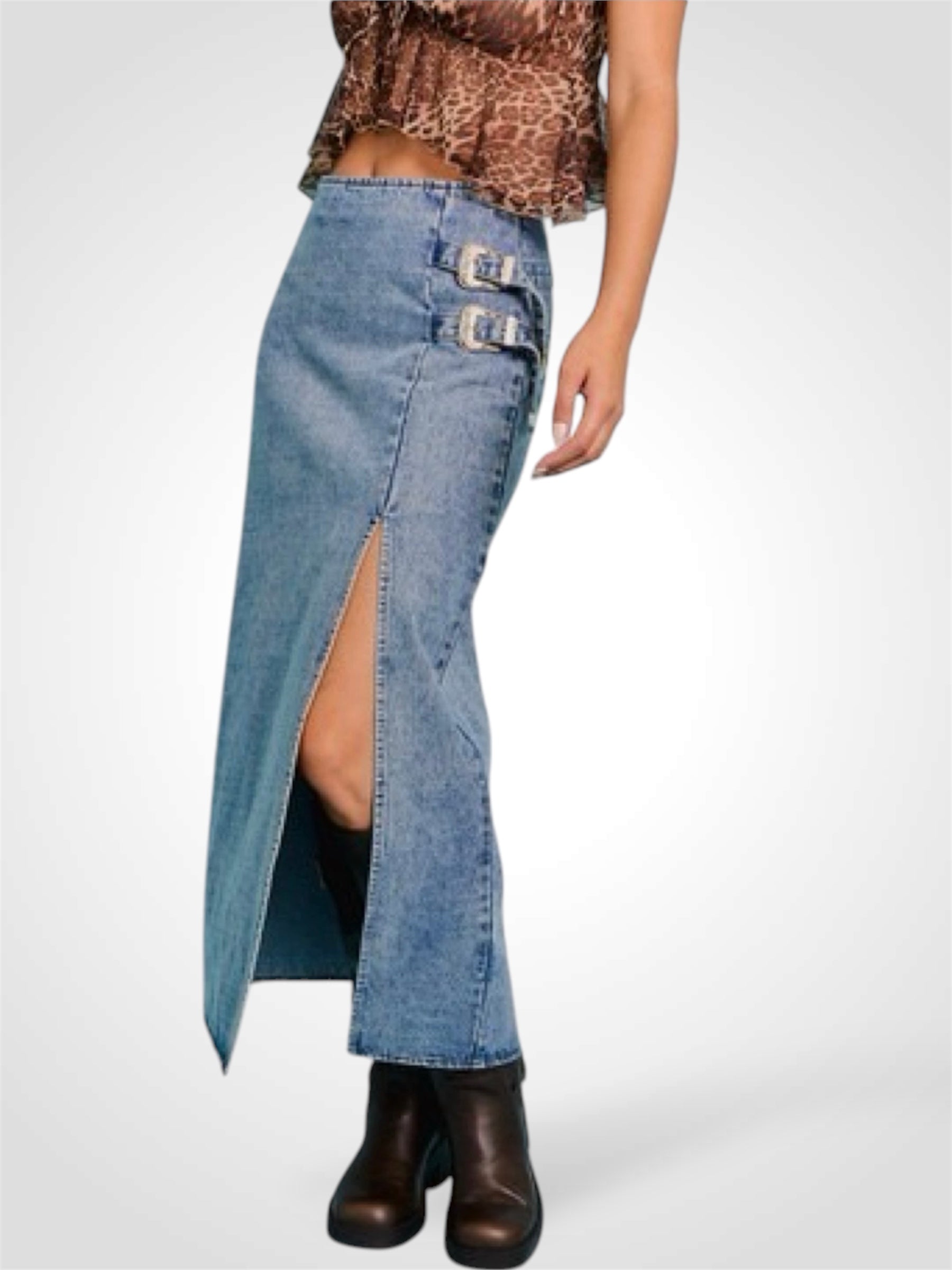 DOUBLE SILVER BUCKLE DETAIL DENIM MIDI SKIRT•