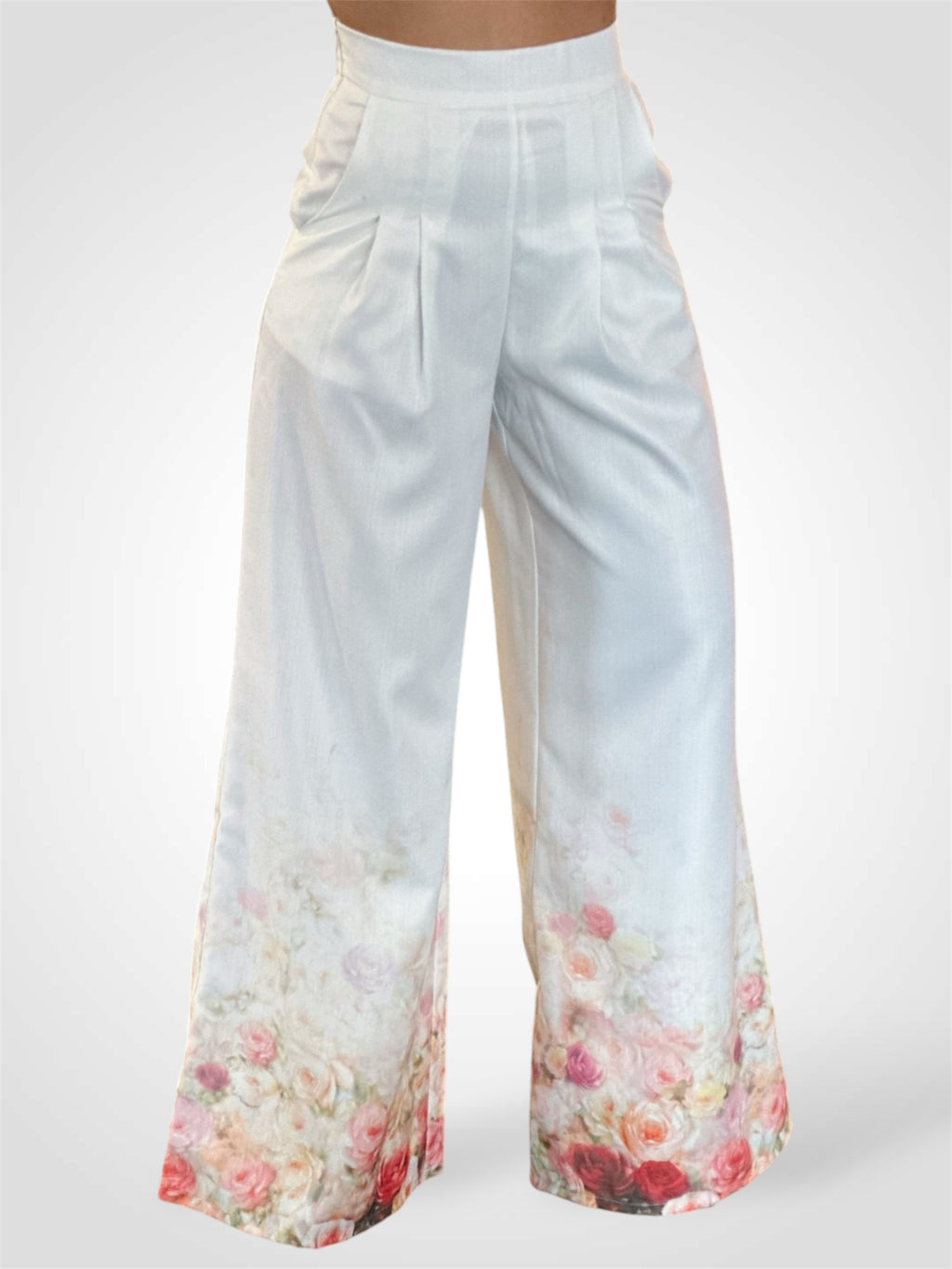 White Garden Print Hem Pants
